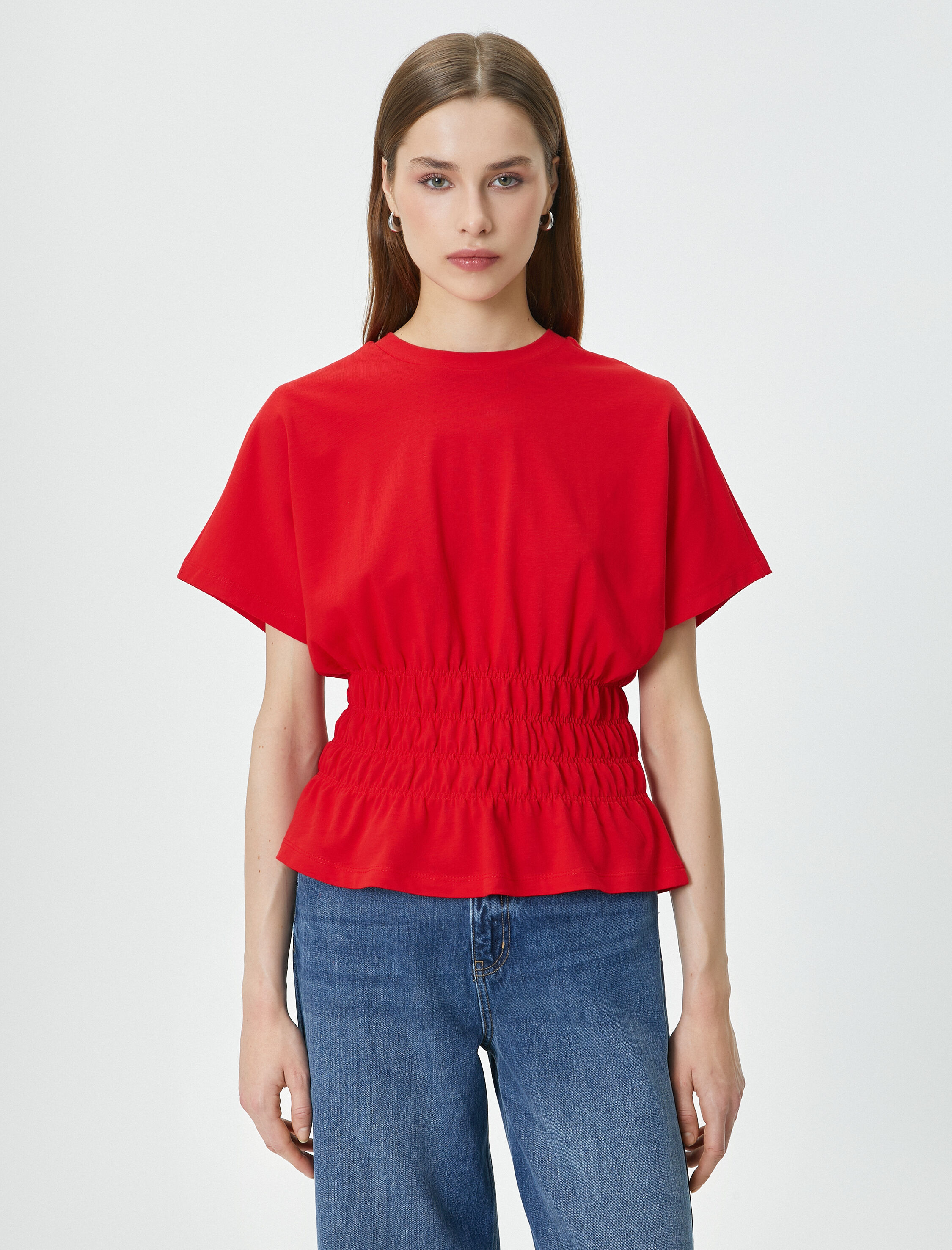   Beli Büzgülü Tişört Bisiklet Yaka Düşük Kollu