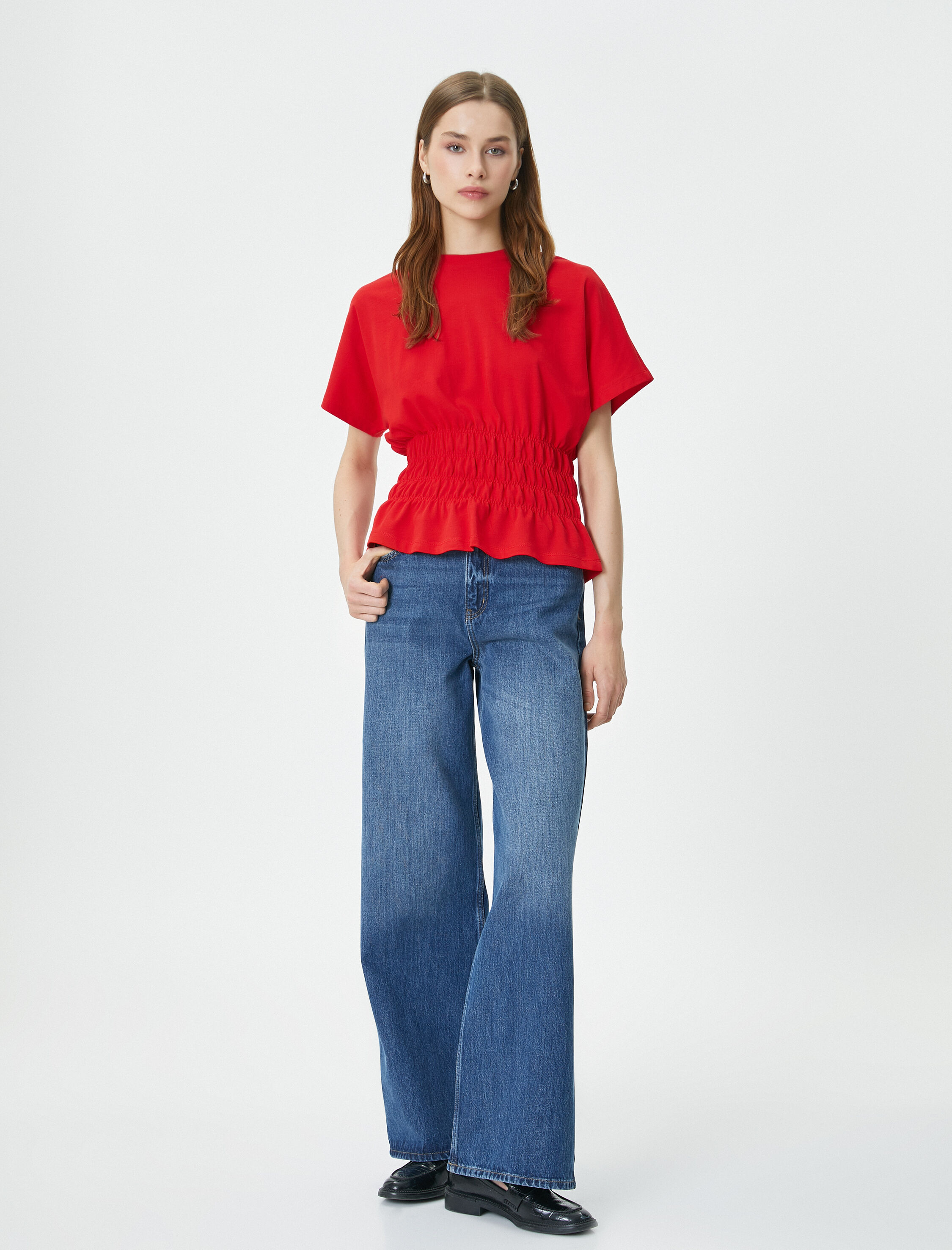   Beli Büzgülü Tişört Bisiklet Yaka Düşük Kollu