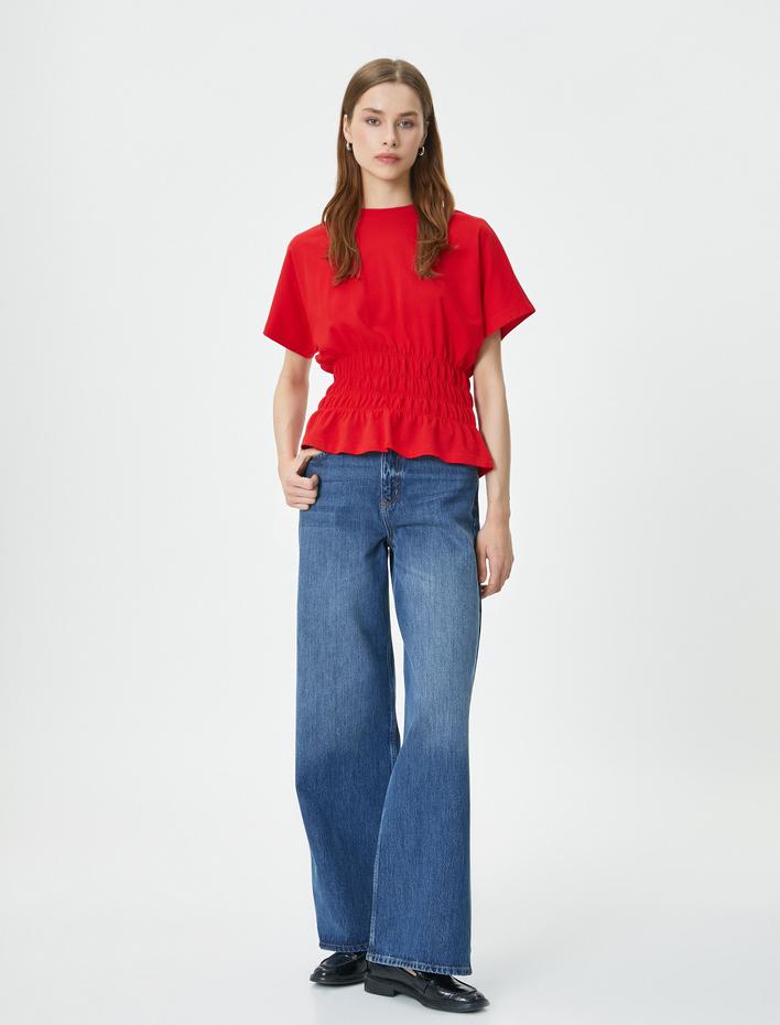  Beli Büzgülü Tişört Bisiklet Yaka Düşük Kollu