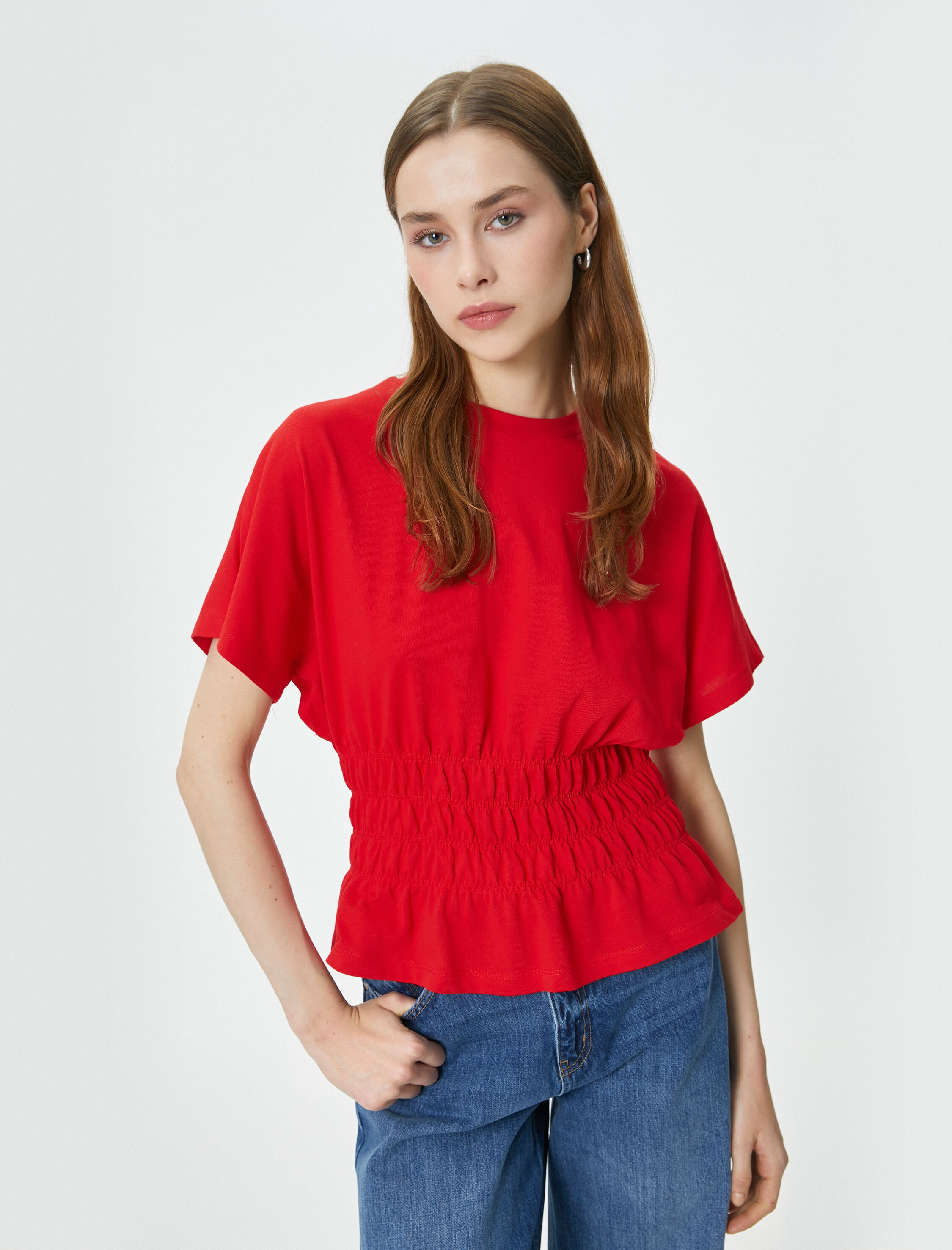   Beli Büzgülü Tişört Bisiklet Yaka Düşük Kollu