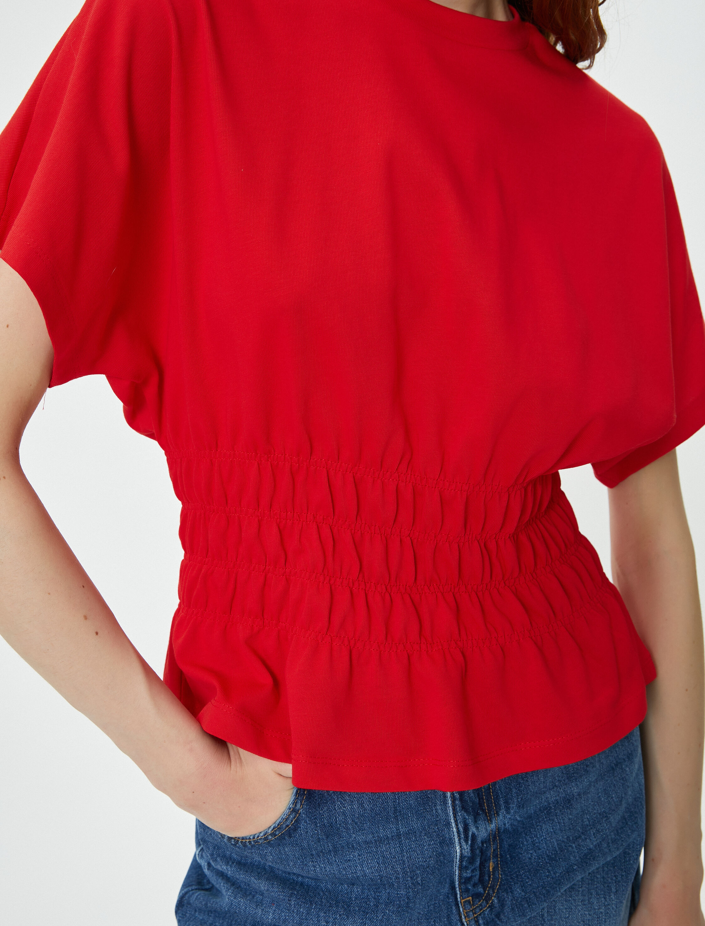   Beli Büzgülü Tişört Bisiklet Yaka Düşük Kollu