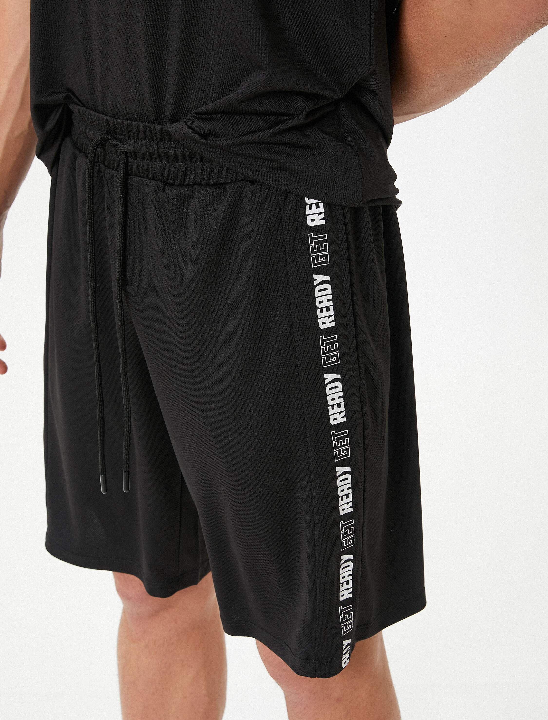   Spor Şort Slogan Baskılı Beli Bağcıklı Cepli