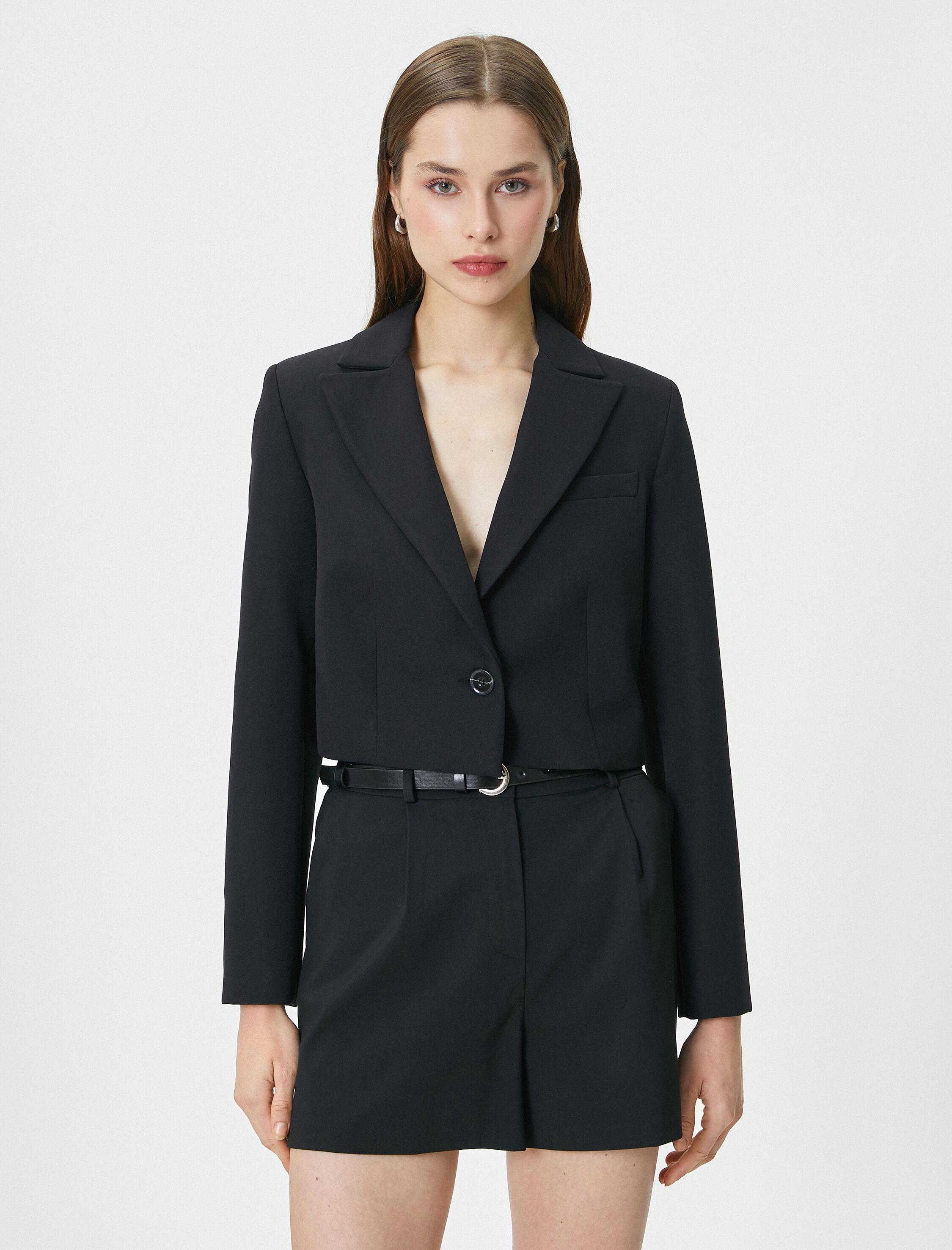   Crop Blazer Ceket Düğmeli Dikiş Detaylı