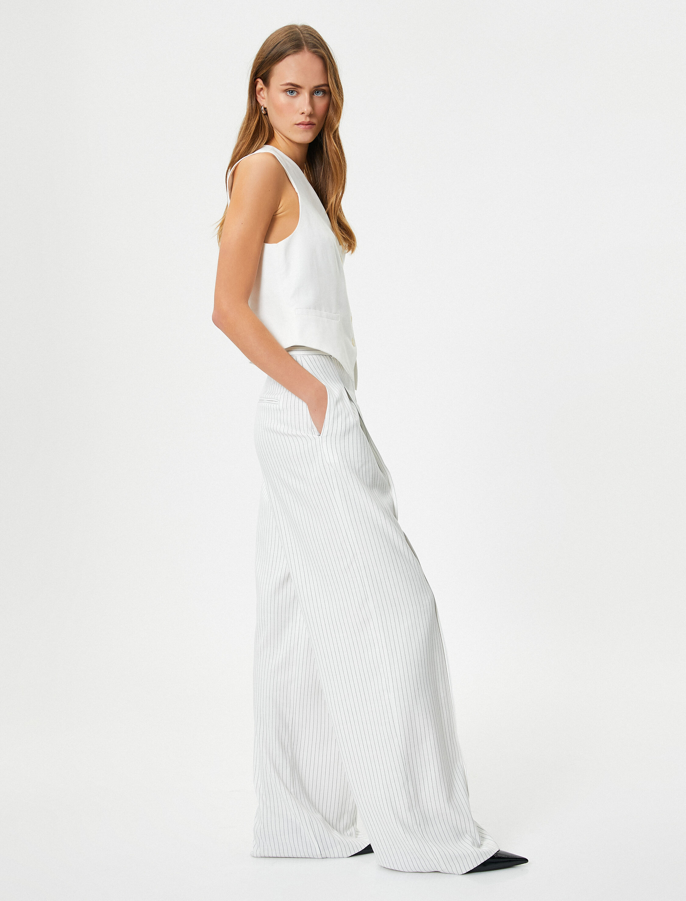 Palazzo Pantolon Yüksek Bel Bol Paça Cepli Pile Detaylı