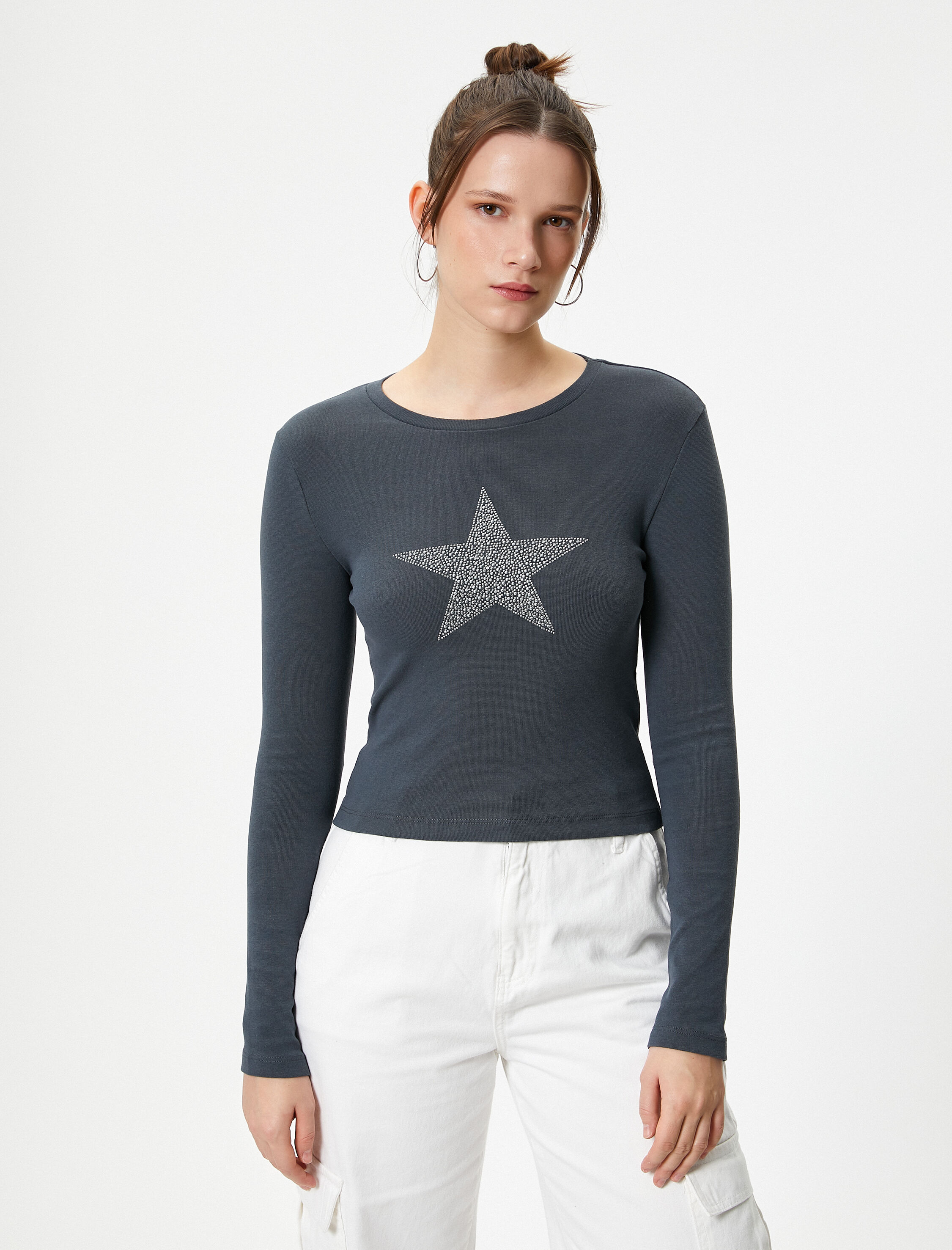   Uzun Kollu Tişört Yıldız Taş Detaylı Bisiklet Yaka Slim Fit