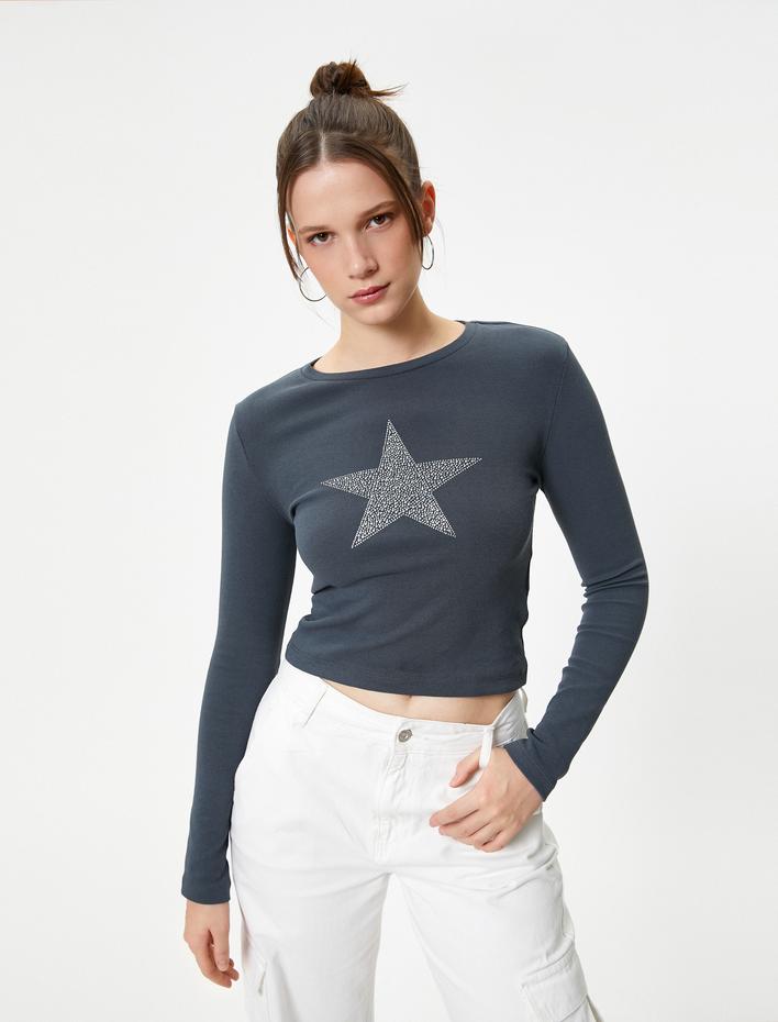  Uzun Kollu Tişört Yıldız Taş Detaylı Bisiklet Yaka Slim Fit