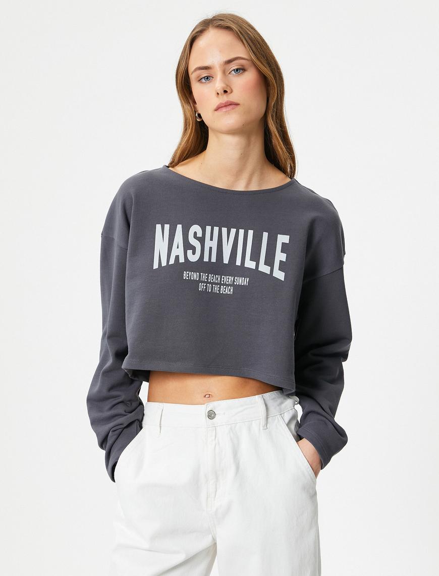   Crop Sweatshirt Baskılı Uzun Kollu Pamuklu