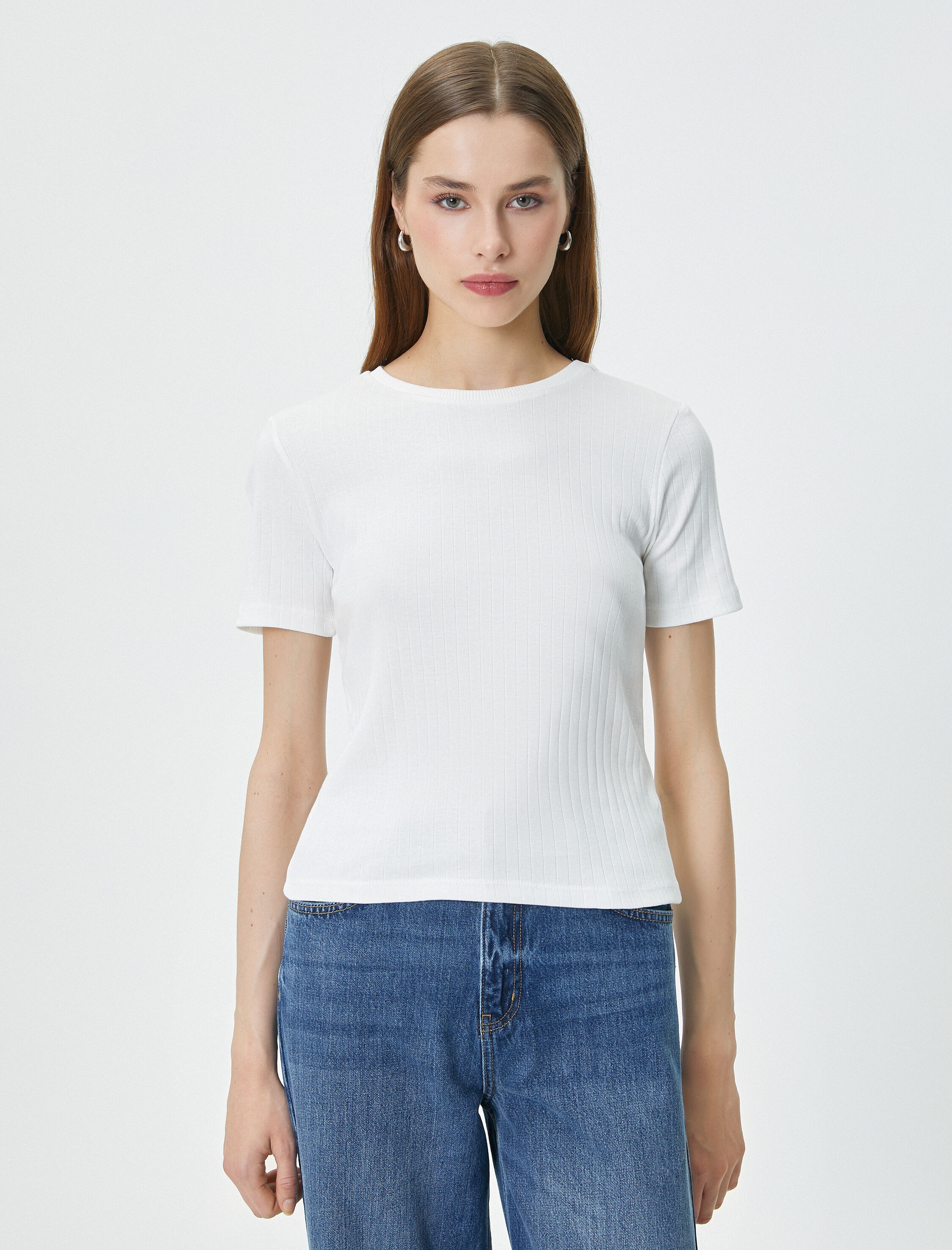   Fitilli Tişört Dokulu Bisiklet Yaka Kısa Kollu Pamuklu