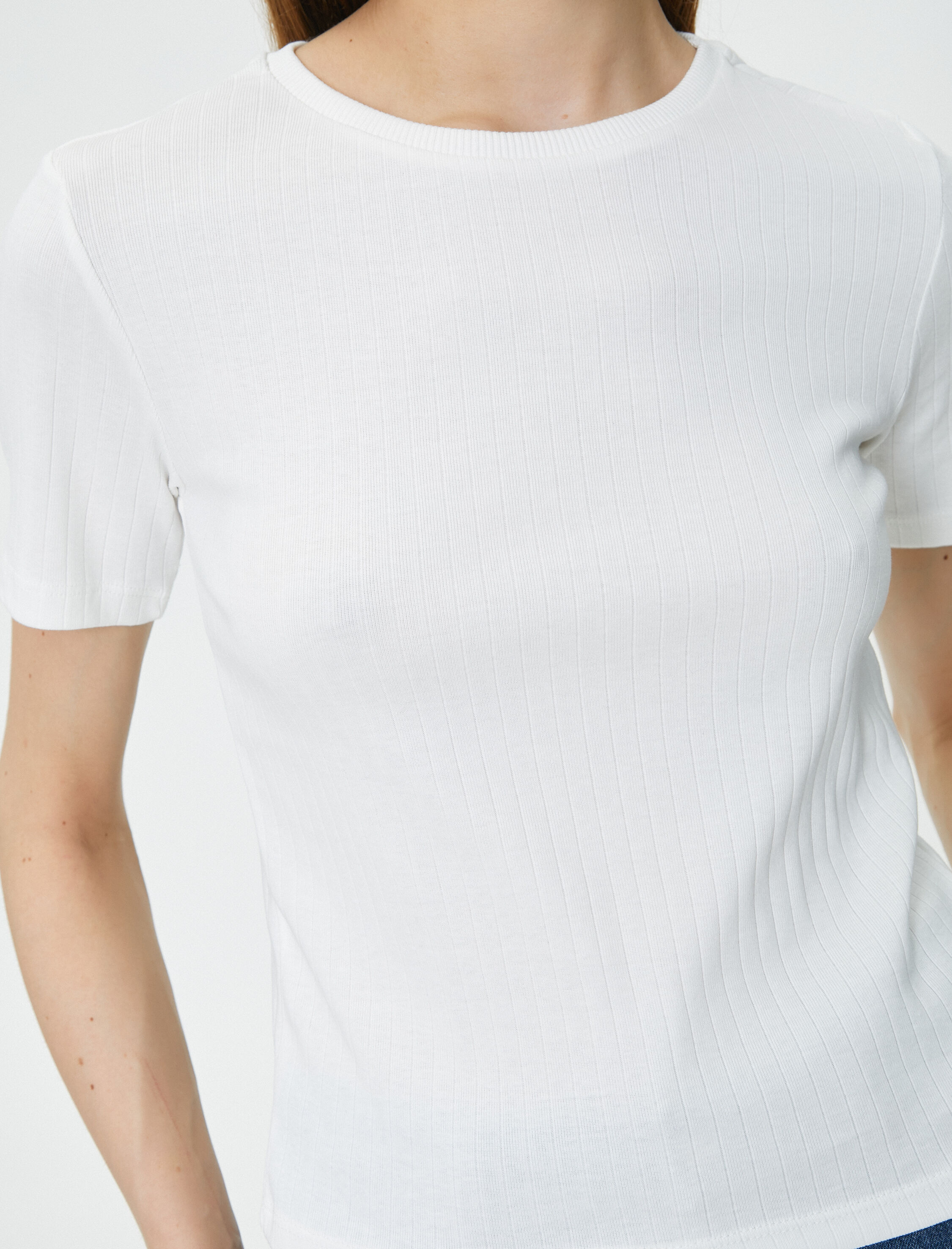   Fitilli Tişört Dokulu Bisiklet Yaka Kısa Kollu Pamuklu