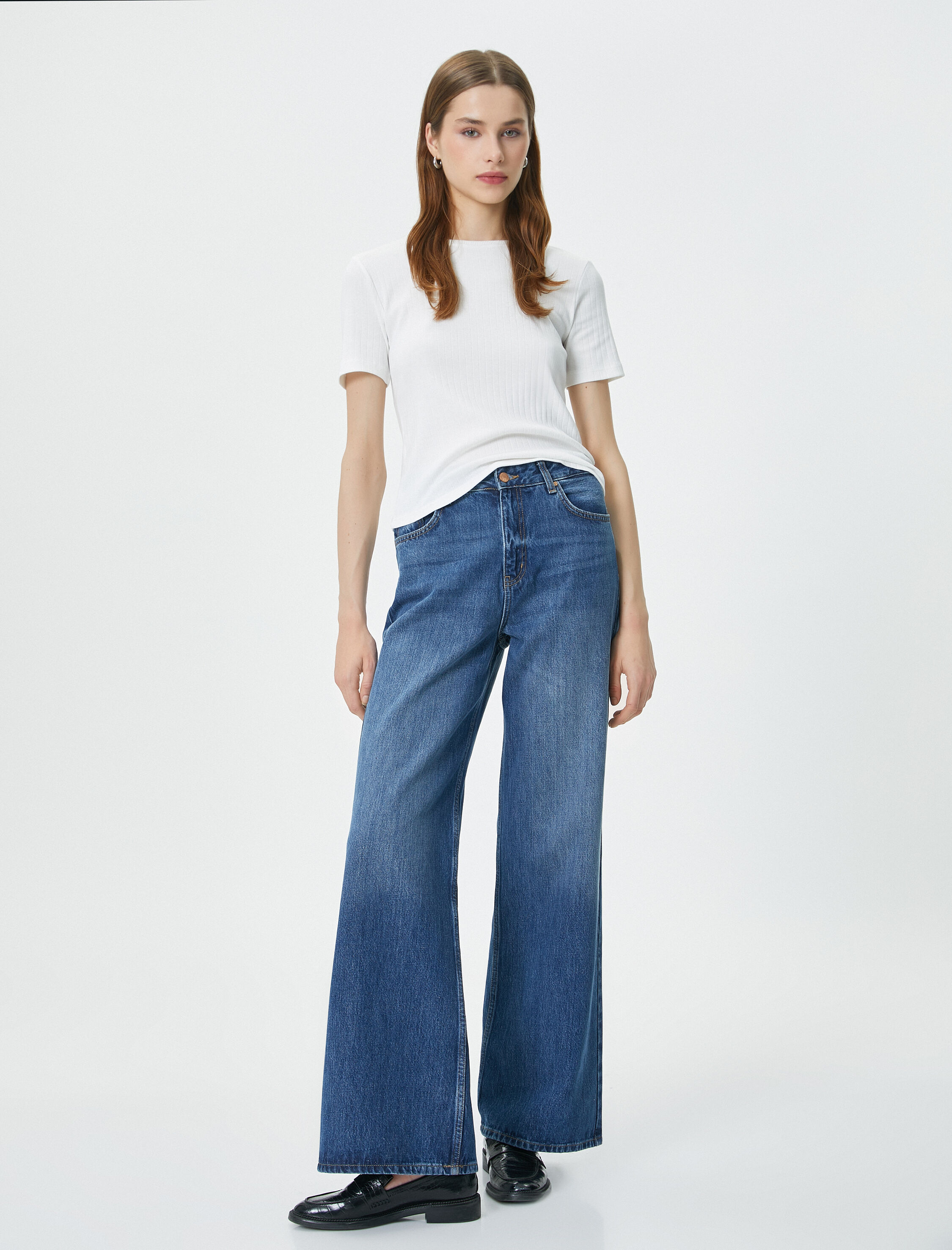   Fitilli Tişört Dokulu Bisiklet Yaka Kısa Kollu Pamuklu