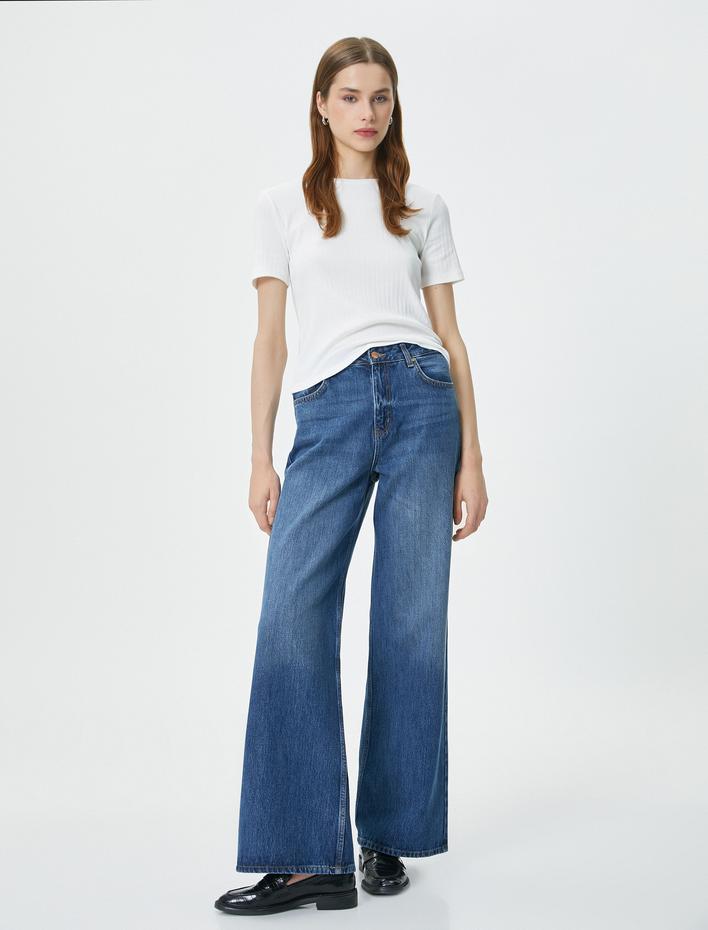  Fitilli Tişört Dokulu Bisiklet Yaka Kısa Kollu Pamuklu