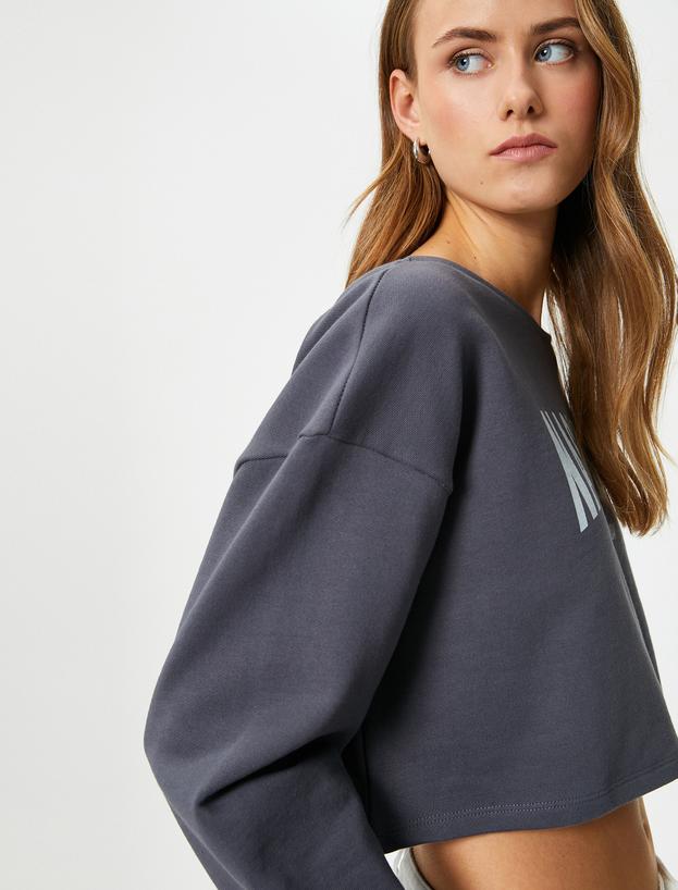 Crop Sweatshirt Baskılı Uzun Kollu Pamuklu_0