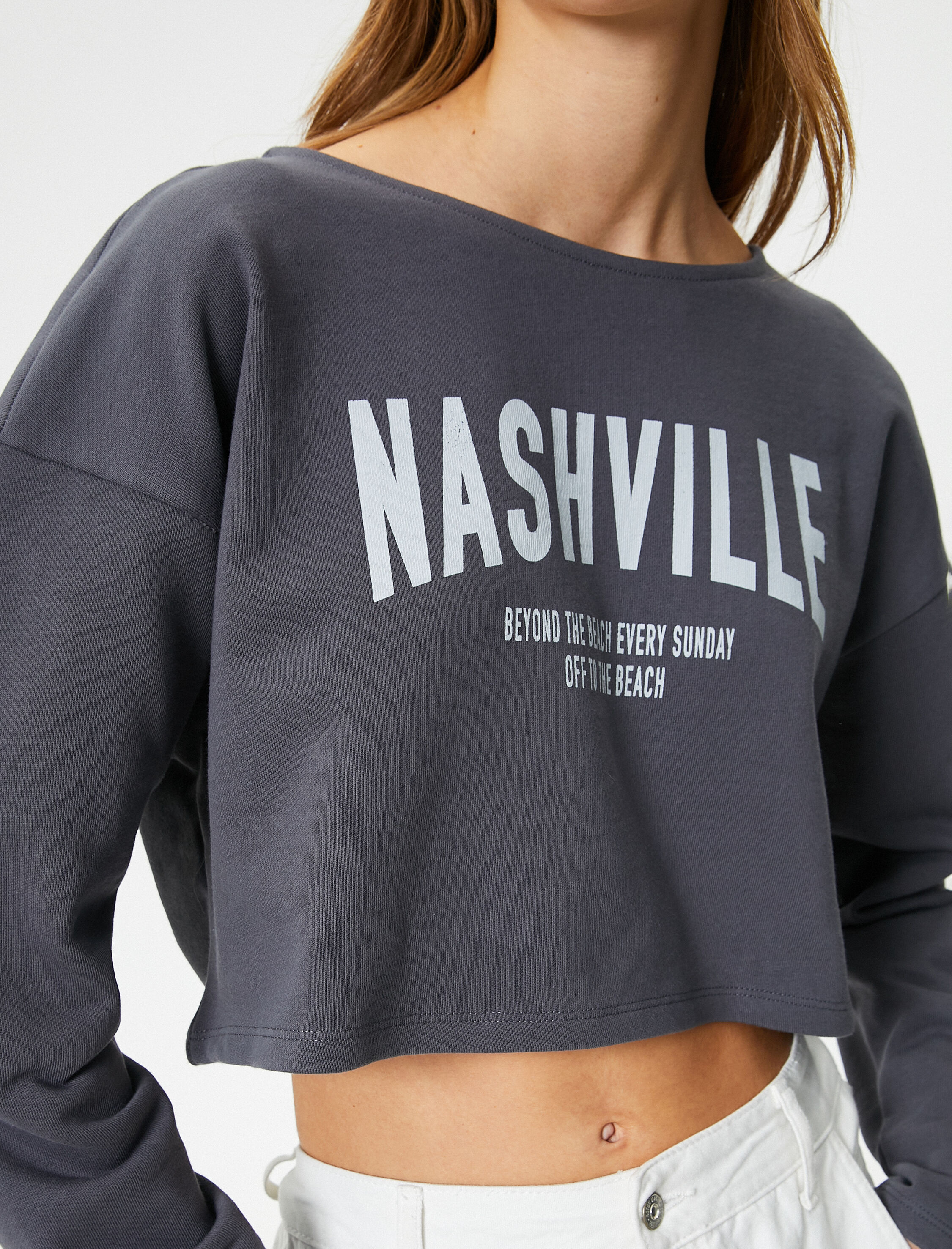   Crop Sweatshirt Baskılı Uzun Kollu Pamuklu