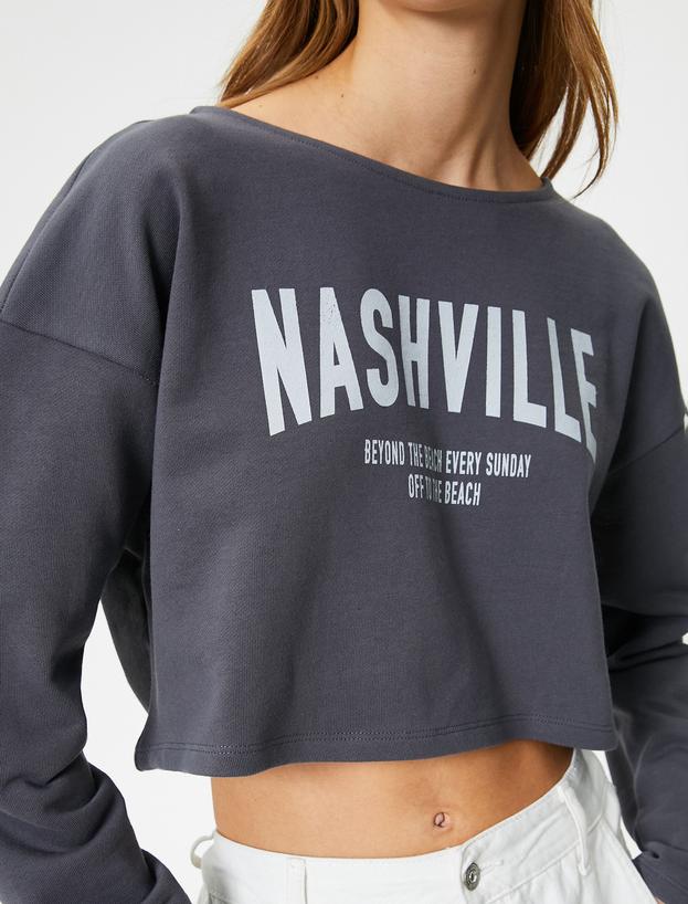 Crop Sweatshirt Baskılı Uzun Kollu Pamuklu_4