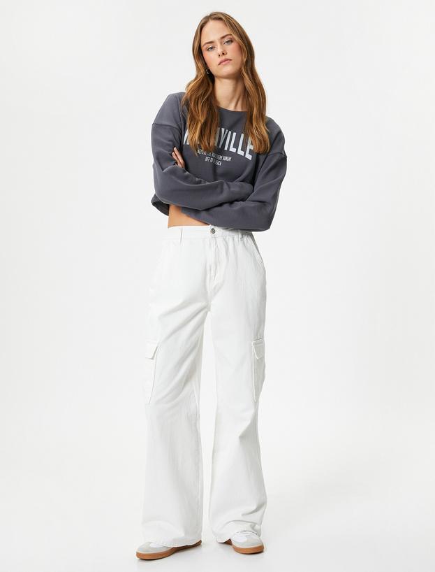 Crop Sweatshirt Baskılı Uzun Kollu Pamuklu_1