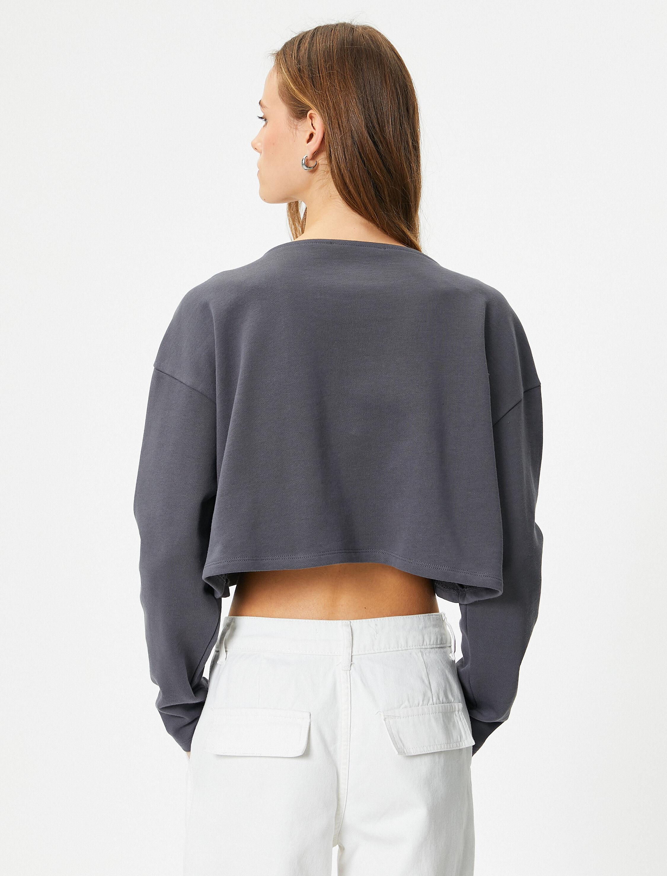   Crop Sweatshirt Baskılı Uzun Kollu Pamuklu