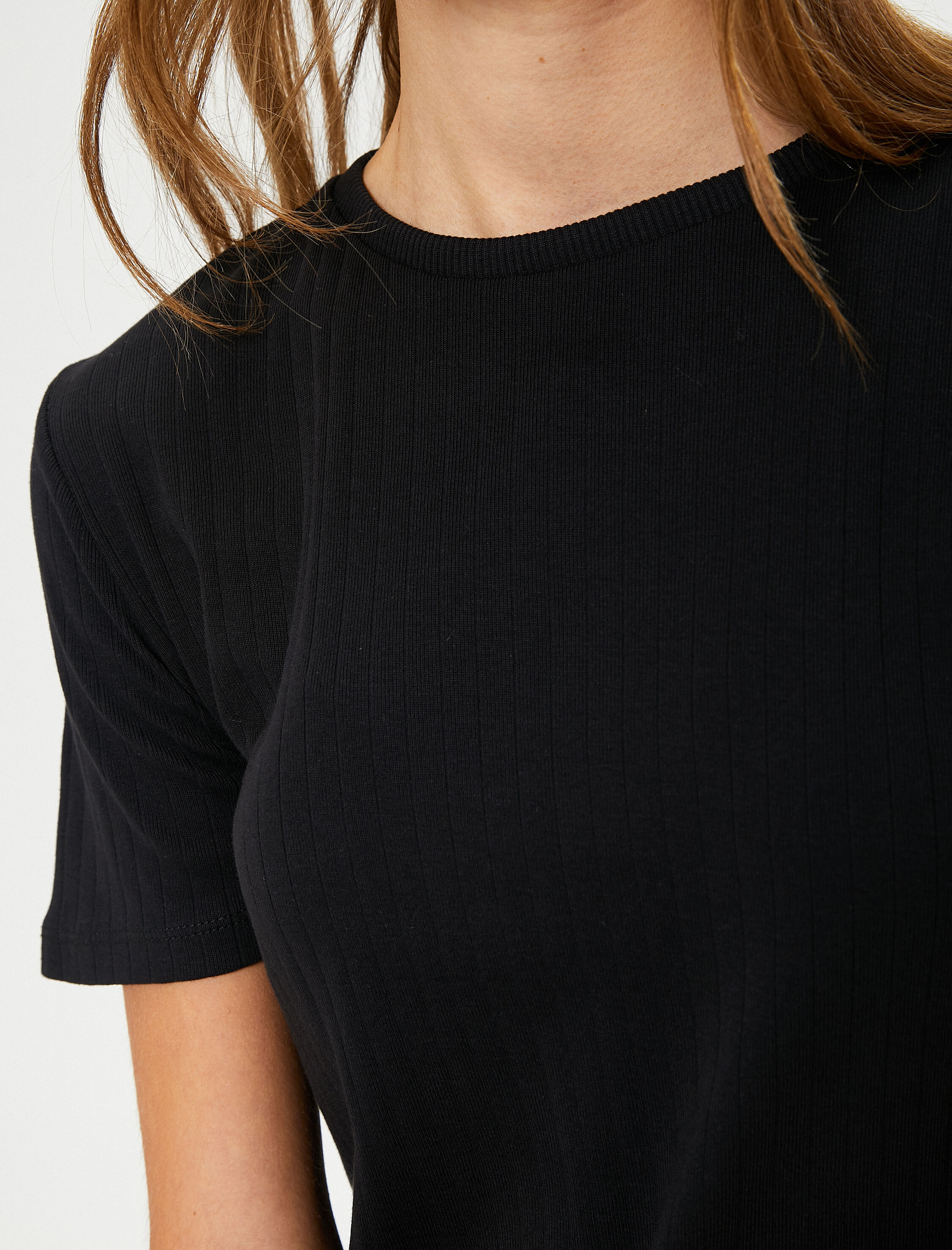   Fitilli Tişört Dokulu Bisiklet Yaka Kısa Kollu Pamuklu