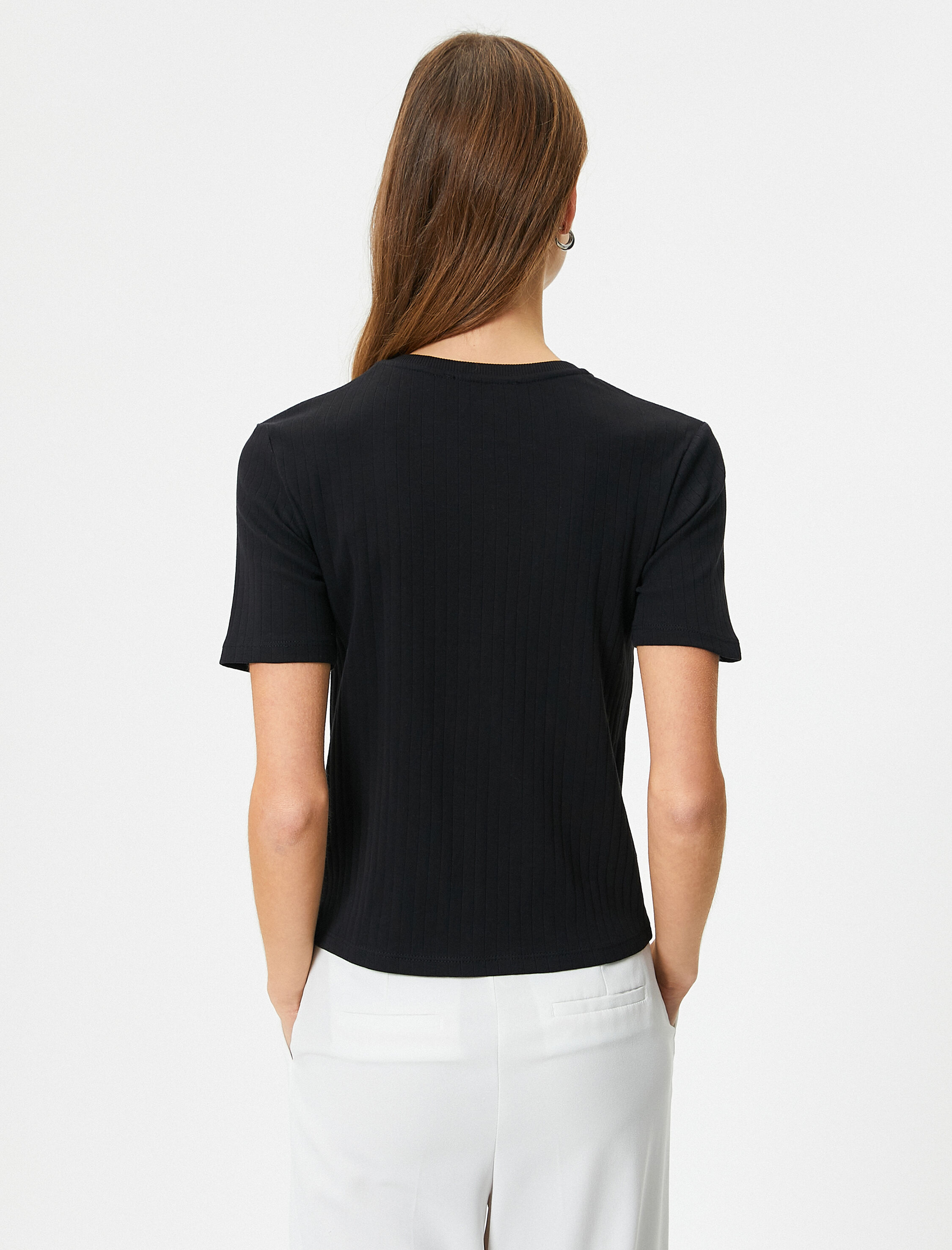   Fitilli Tişört Dokulu Bisiklet Yaka Kısa Kollu Pamuklu