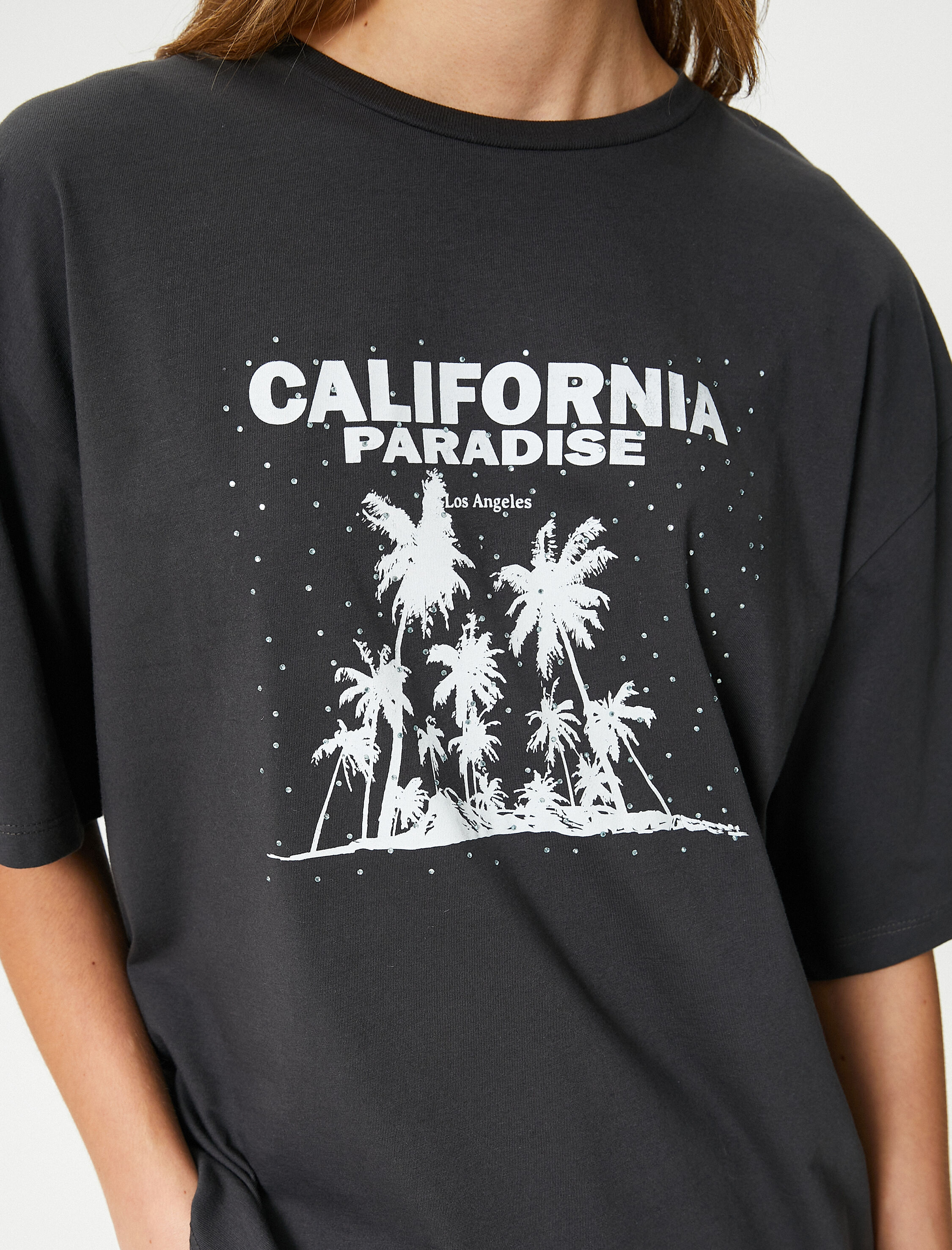   Oversize Tişört Slogan Baskılı Bisiklet Yaka Kısa Kollu