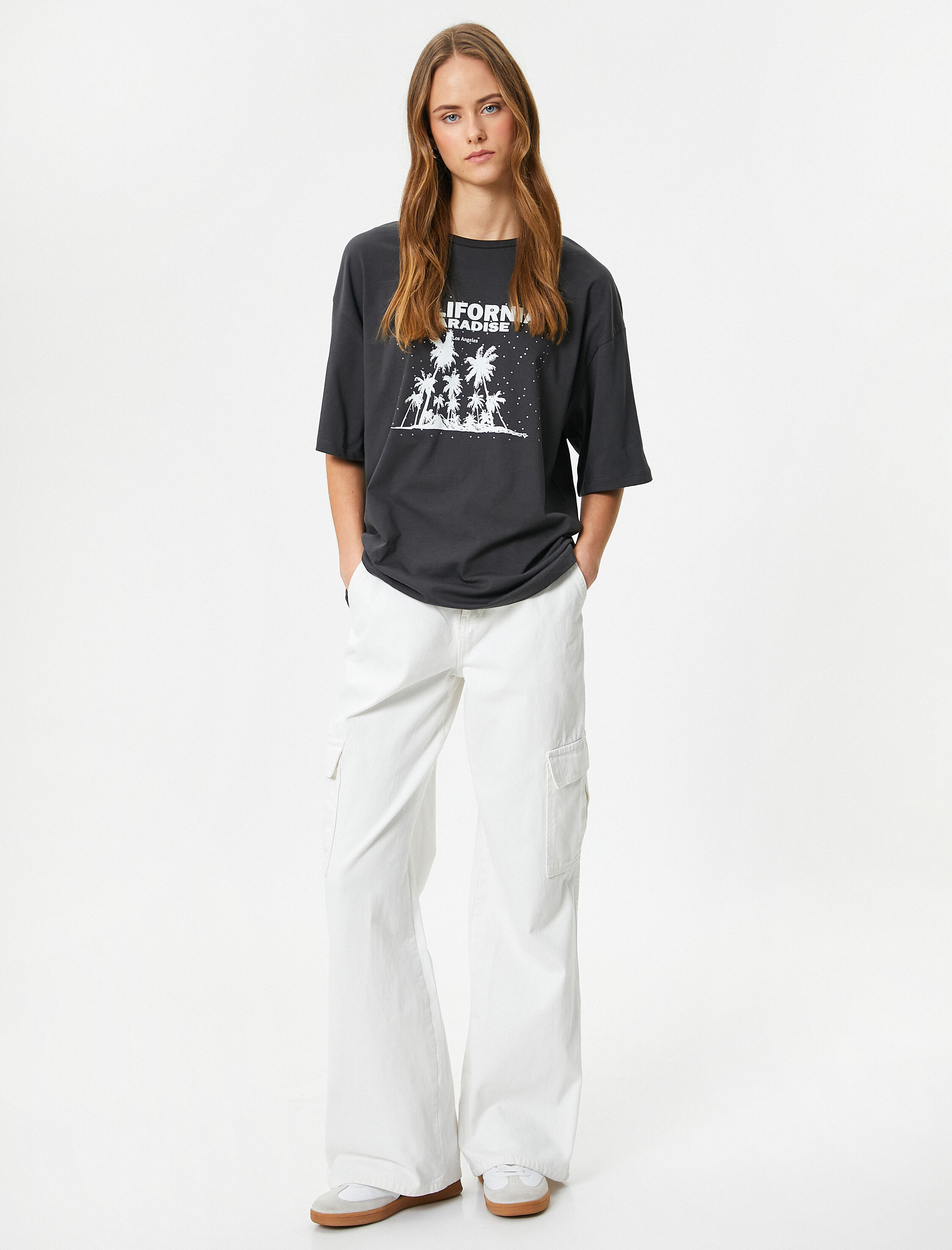   Oversize Tişört Slogan Baskılı Bisiklet Yaka Kısa Kollu