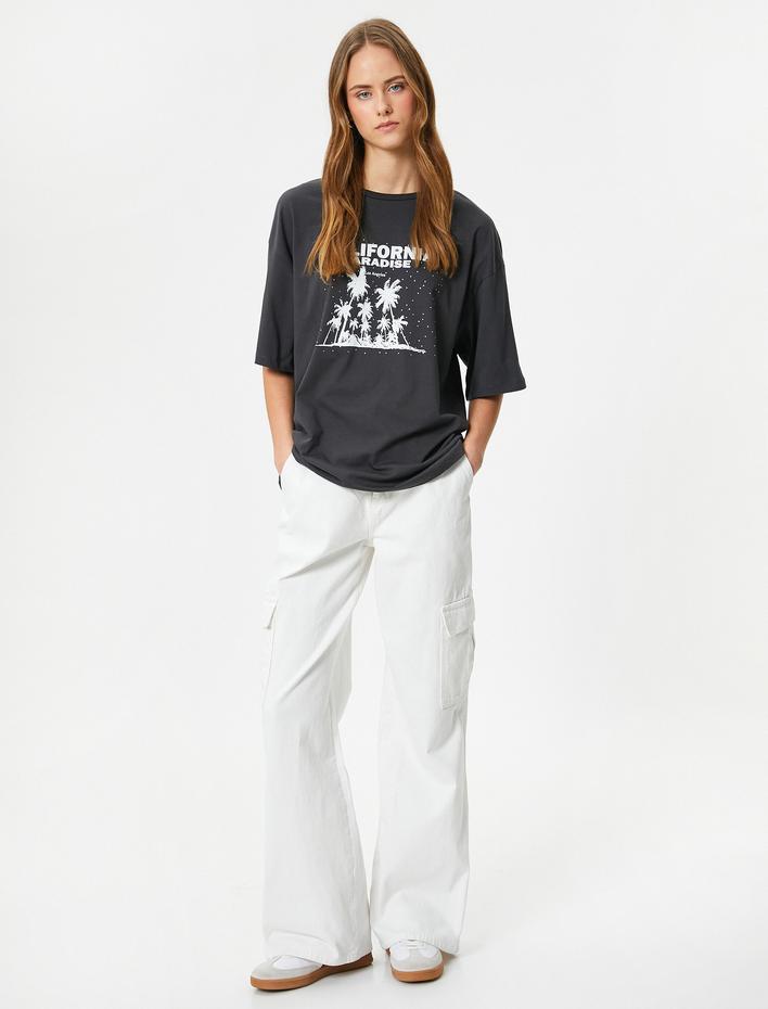  Oversize Tişört Slogan Baskılı Bisiklet Yaka Kısa Kollu