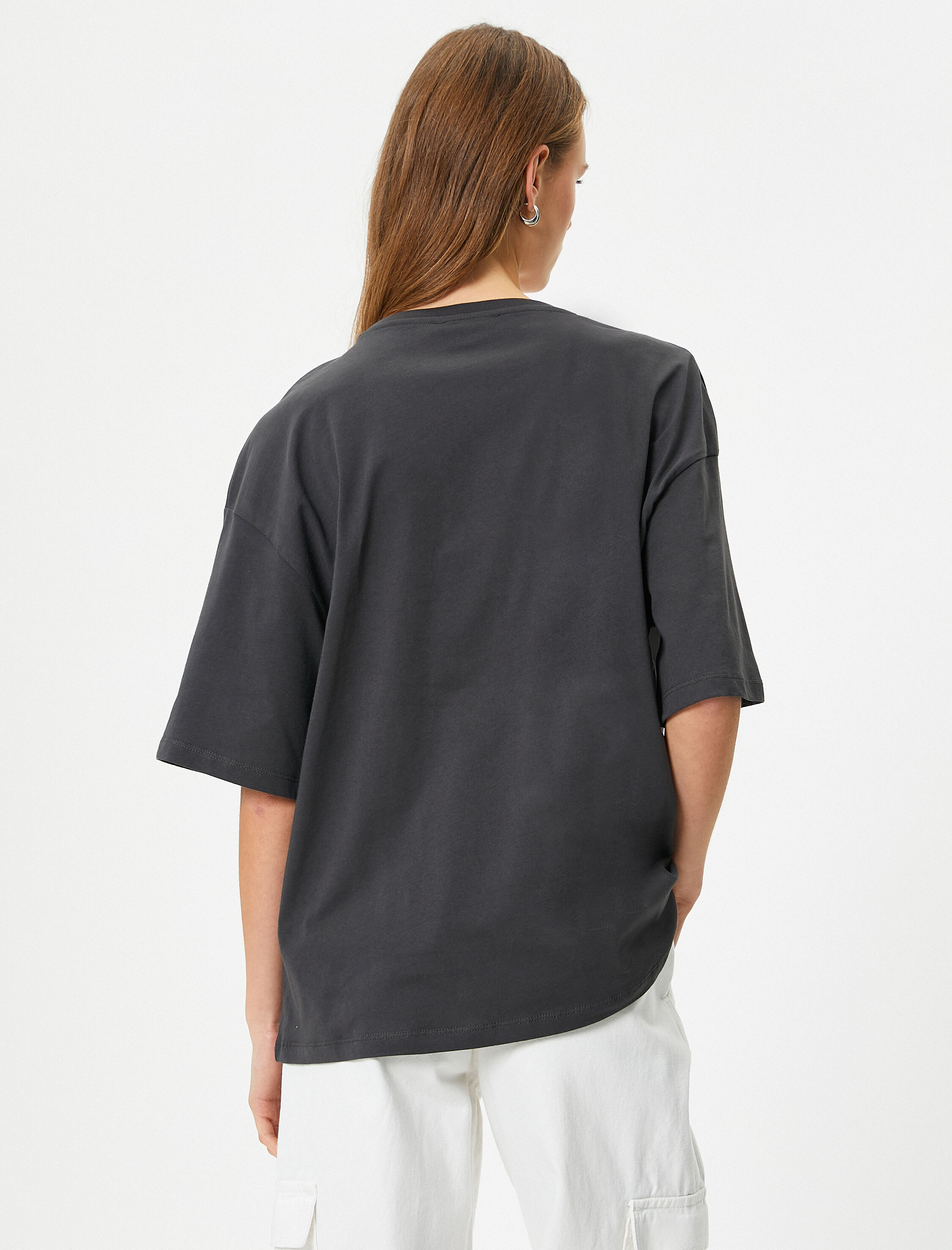   Oversize Tişört Slogan Baskılı Bisiklet Yaka Kısa Kollu