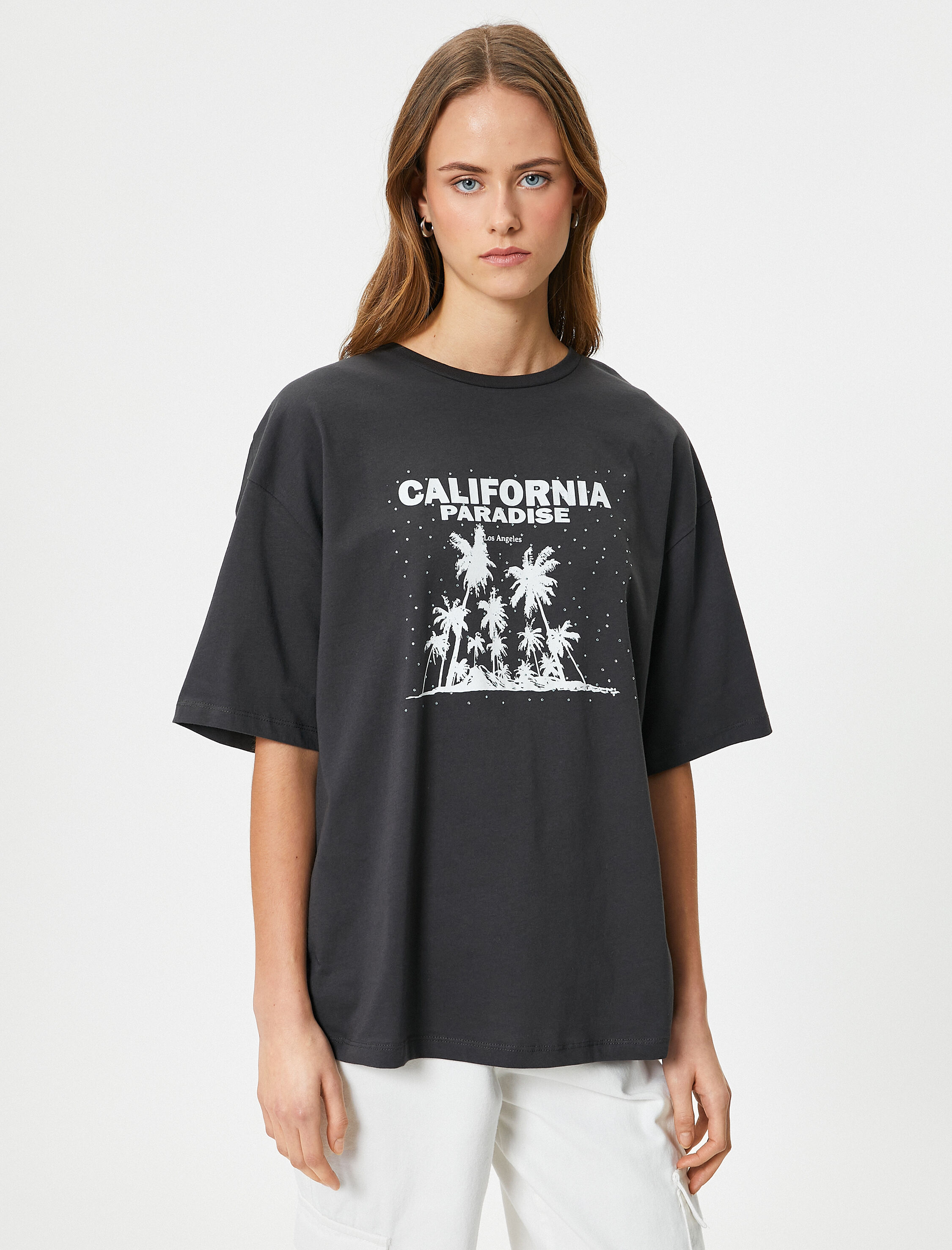   Oversize Tişört Slogan Baskılı Bisiklet Yaka Kısa Kollu