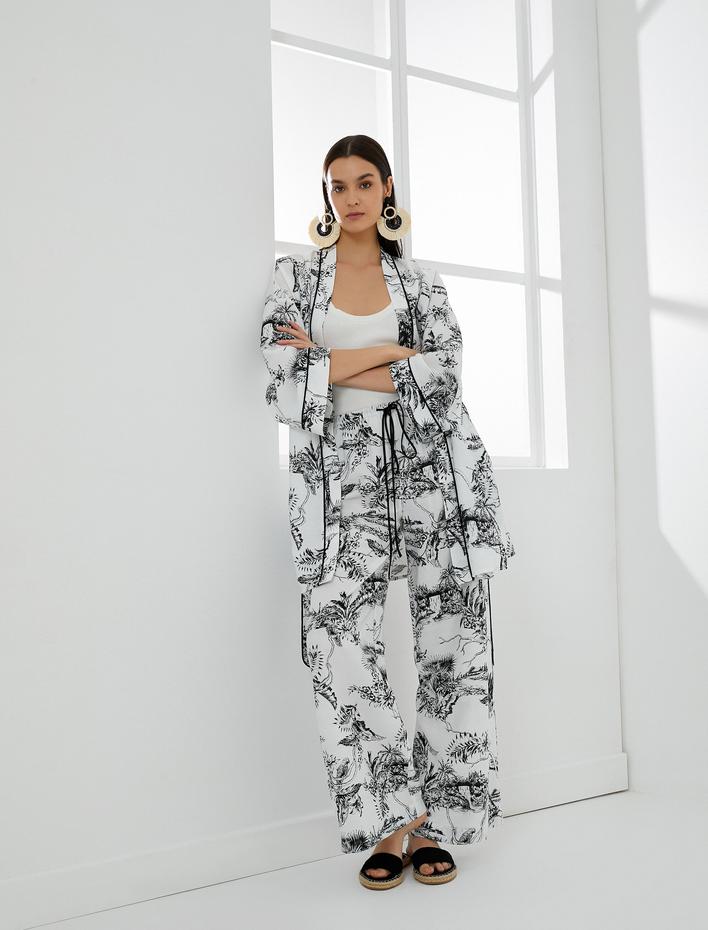  Çiçekli Bol Paça Pantolon Beli Bağlamalı Viskoz Kumaş Karışımlı