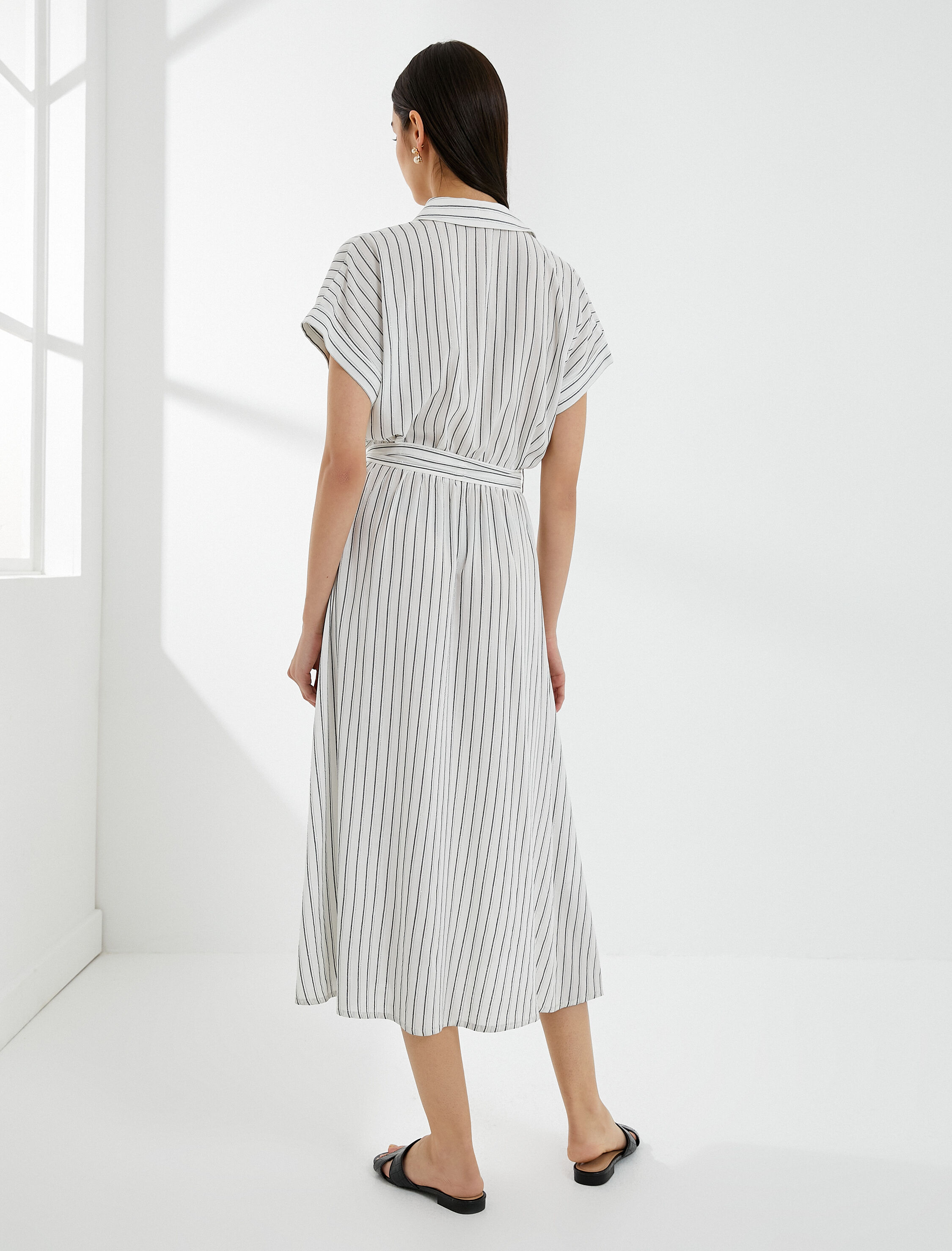   Midi Gömlek Elbise Kısa Kollu Kuşaklı Viskon