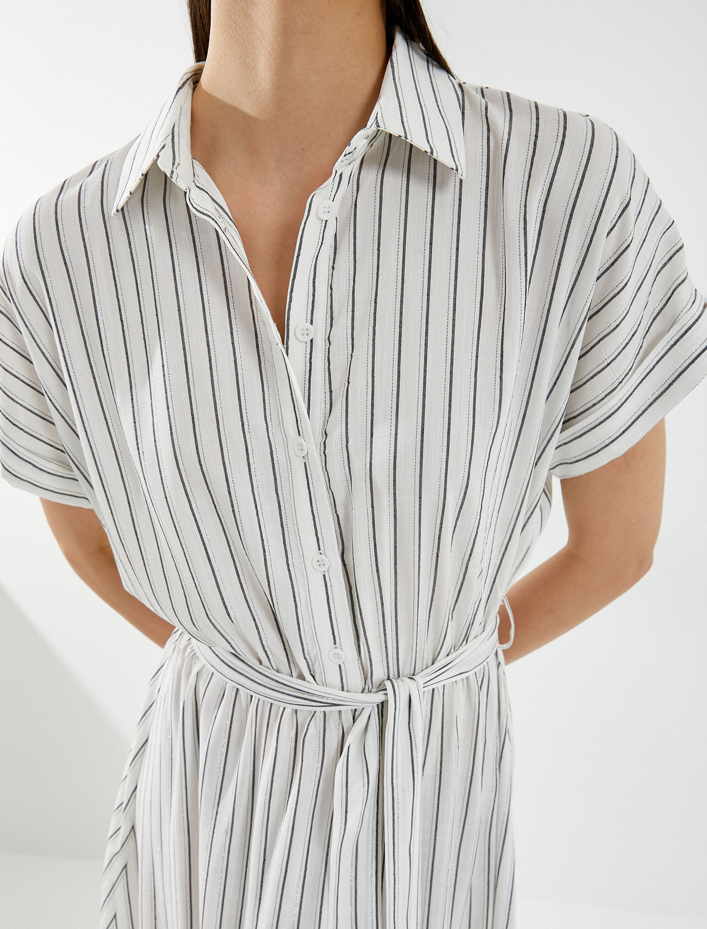   Midi Gömlek Elbise Kısa Kollu Kuşaklı Viskon