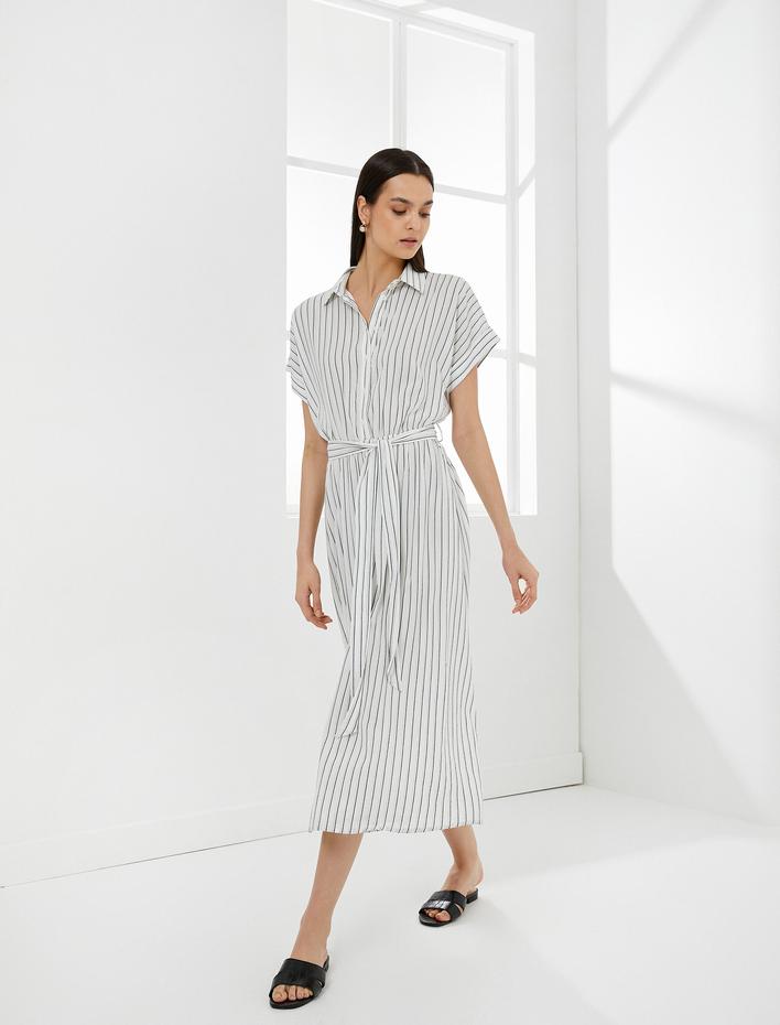  Midi Gömlek Elbise Kısa Kollu Kuşaklı Viskon