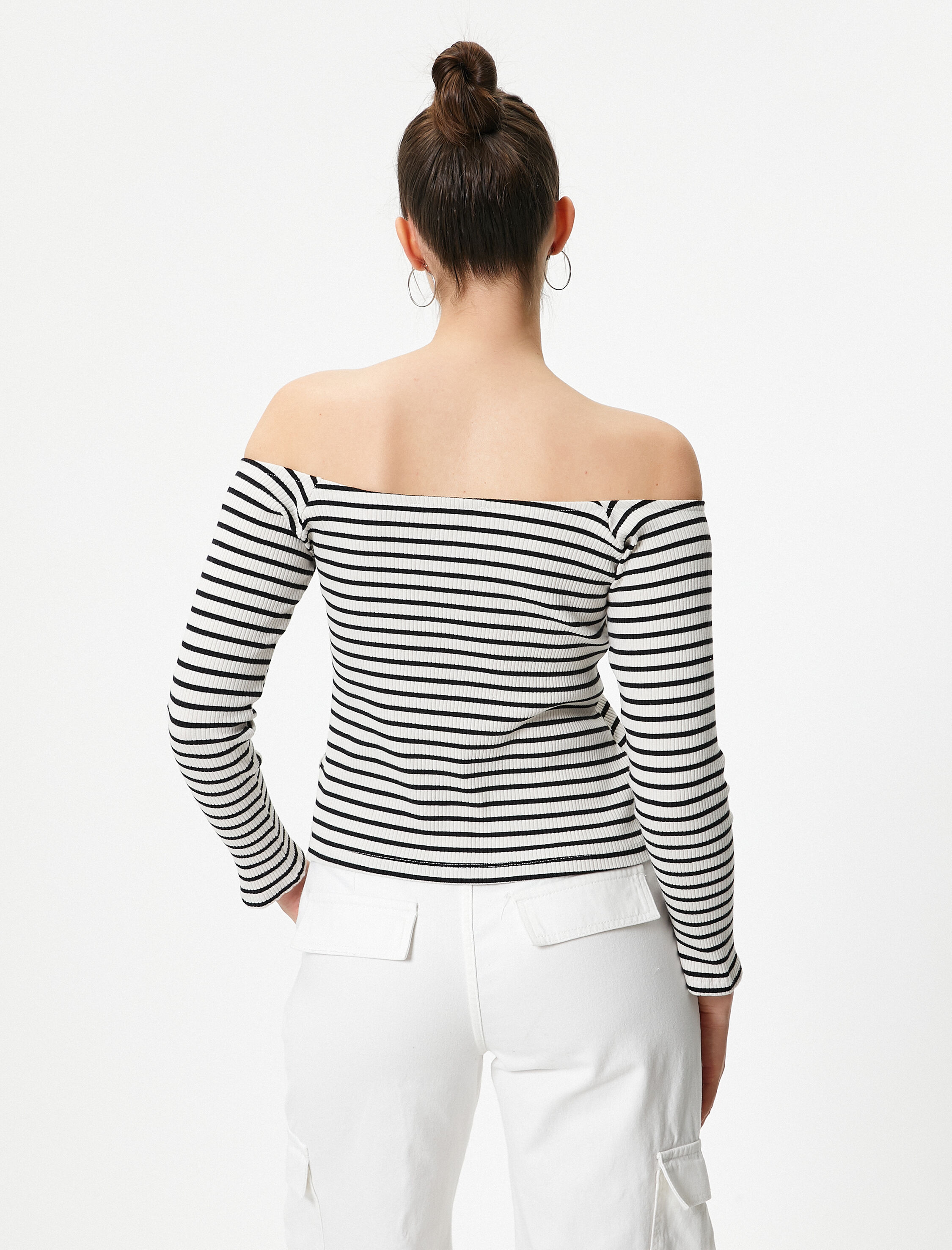   Madonna Yaka Tişört Omzu Açık Uzun Kollu Ribanalı Pamuklu Slim Fit