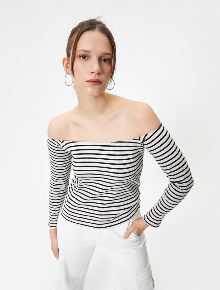  Madonna Yaka Tişört Omzu Açık Uzun Kollu Ribanalı Pamuklu Slim Fit