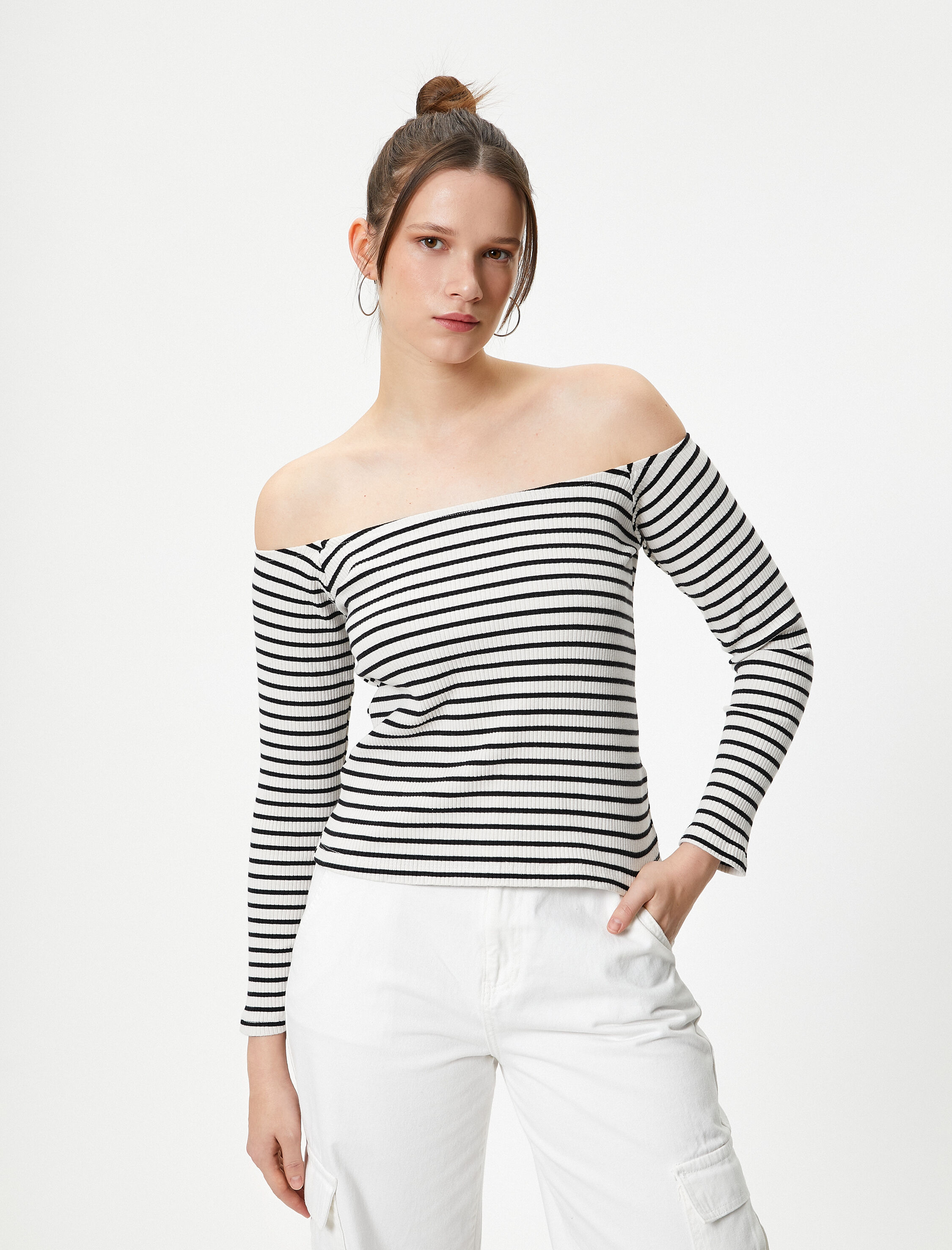   Madonna Yaka Tişört Omzu Açık Uzun Kollu Ribanalı Pamuklu Slim Fit