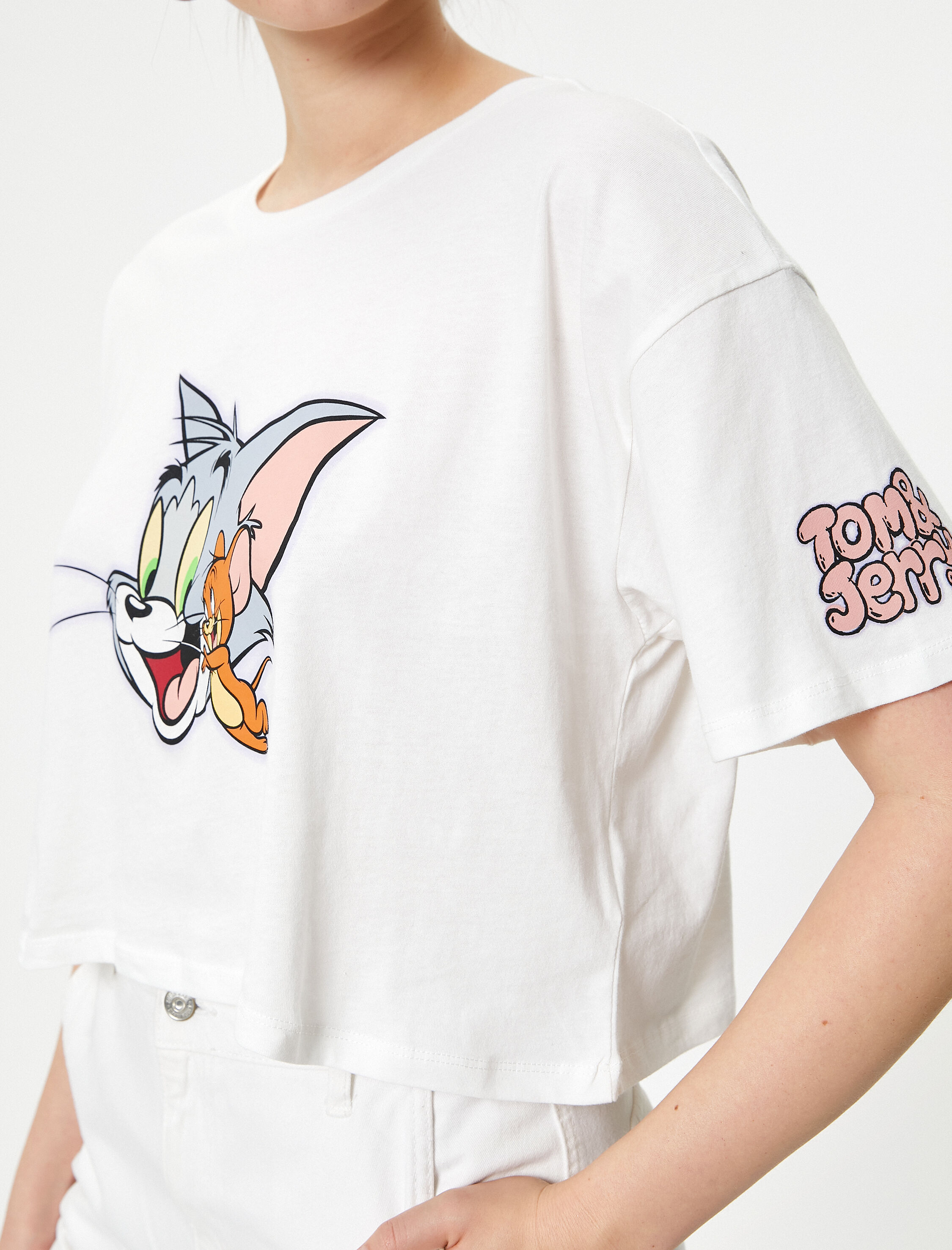   Tom ve Jerry Crop Tişört Lisanslı Kısa Kollu Bisiklet Yaka Pamuklu