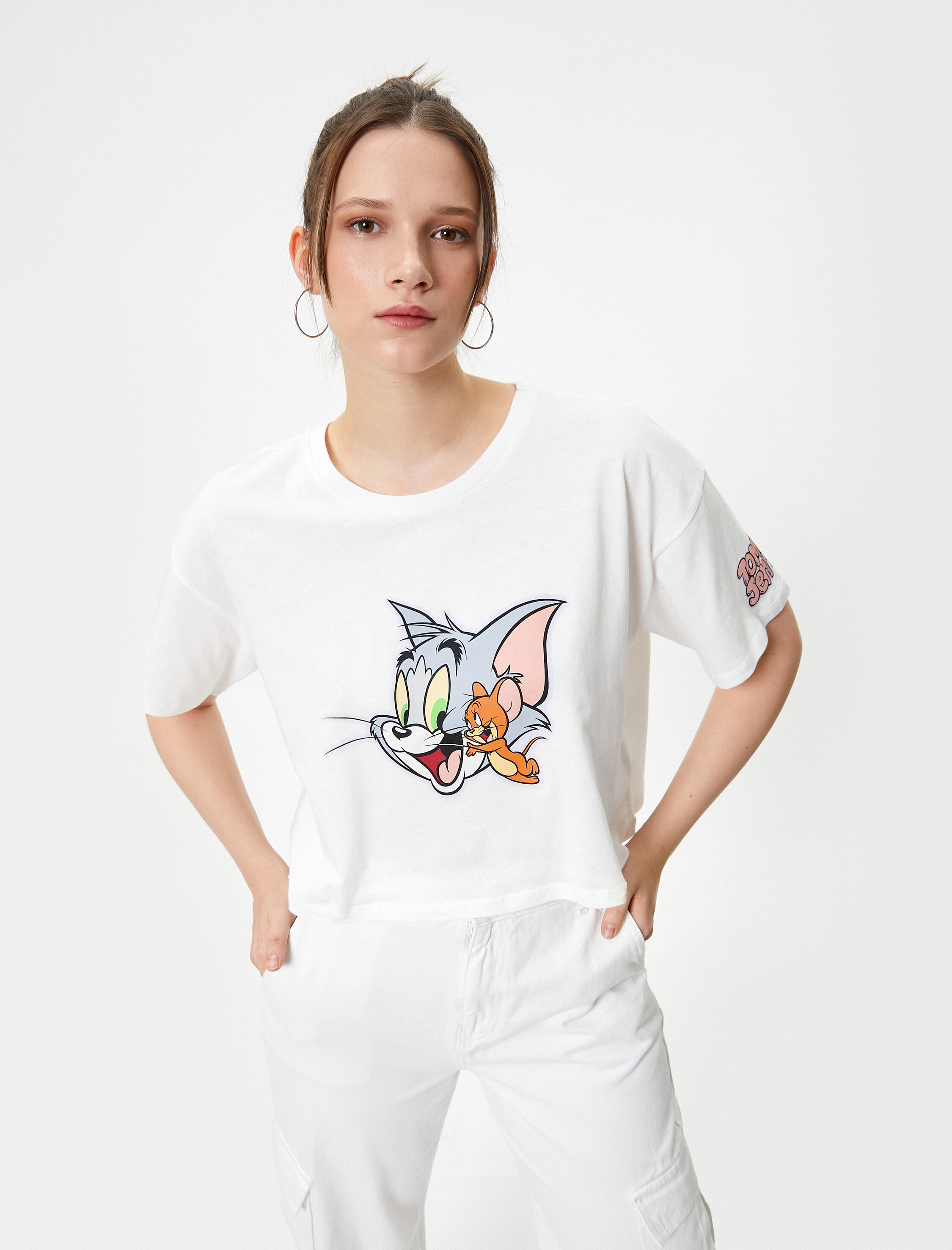   Tom ve Jerry Crop Tişört Lisanslı Kısa Kollu Bisiklet Yaka Pamuklu