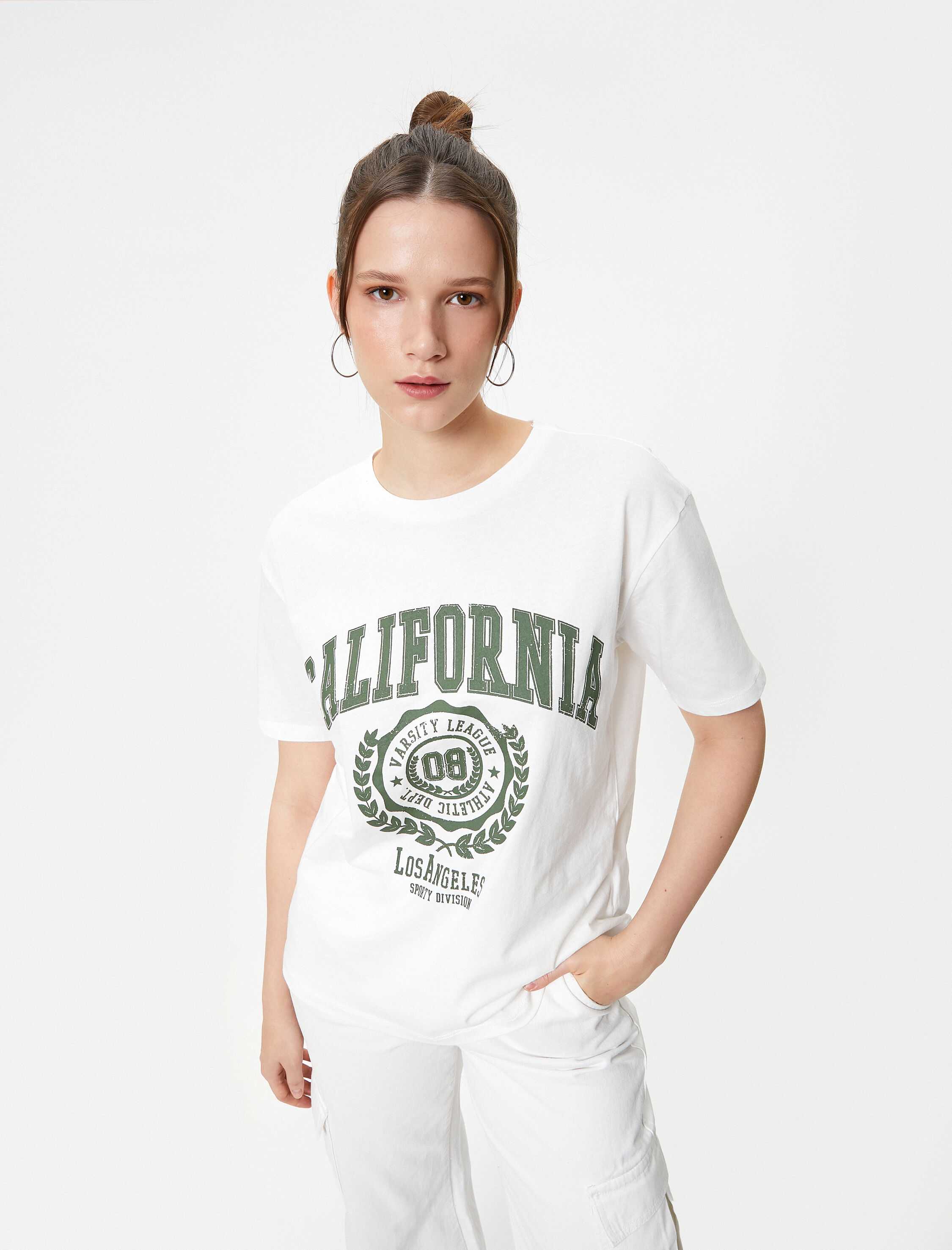   Baskılı Tişört Pamuklu Kısa Kollu Bisiklet Yaka