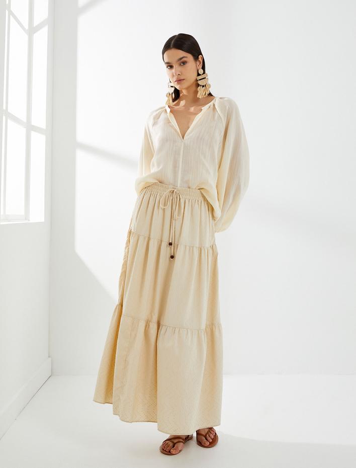  Midi Etek Volanlı Dokulu Beli Lastikli