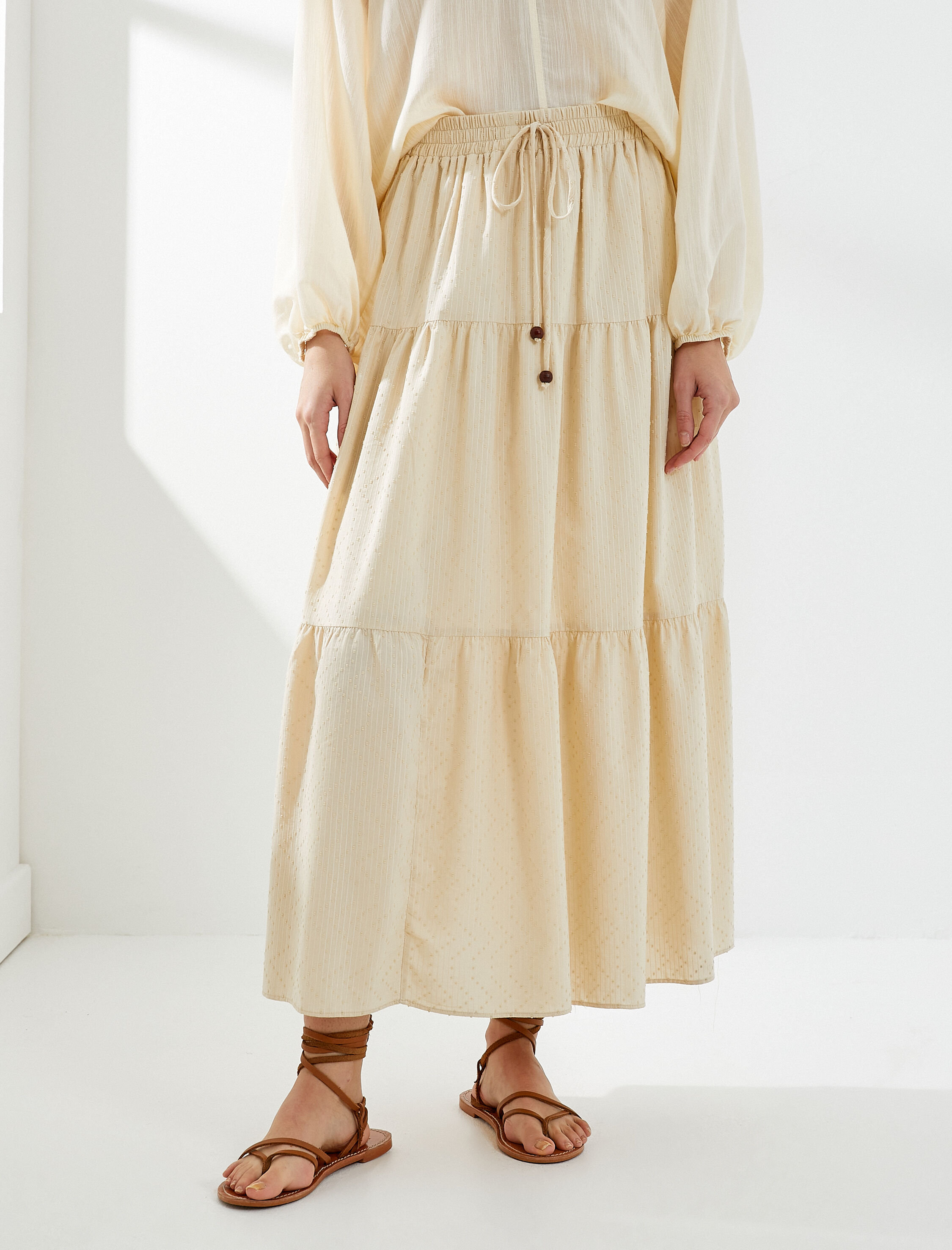   Midi Etek Volanlı Dokulu Beli Lastikli