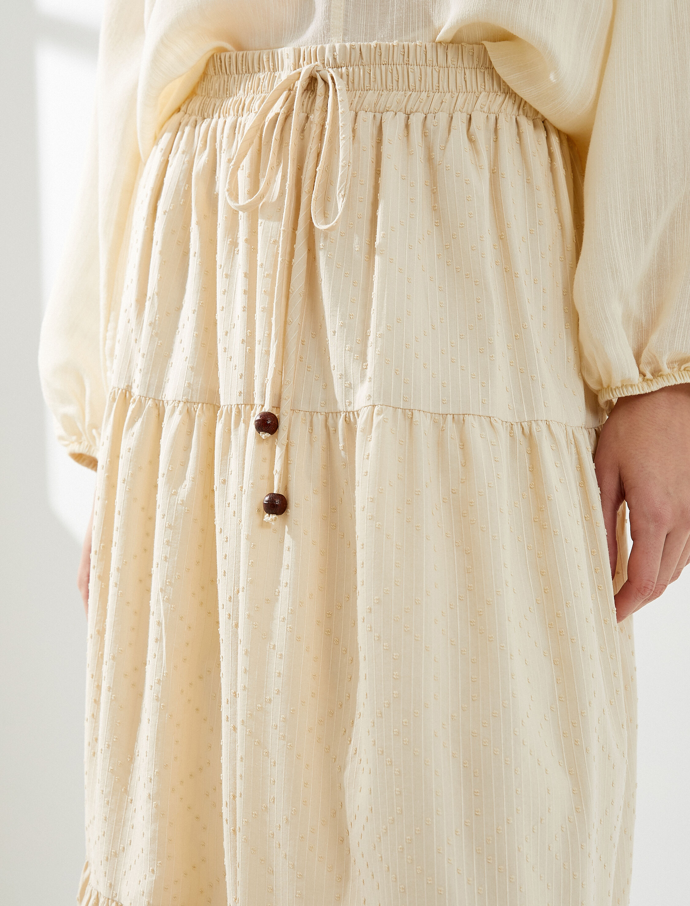   Midi Etek Volanlı Dokulu Beli Lastikli