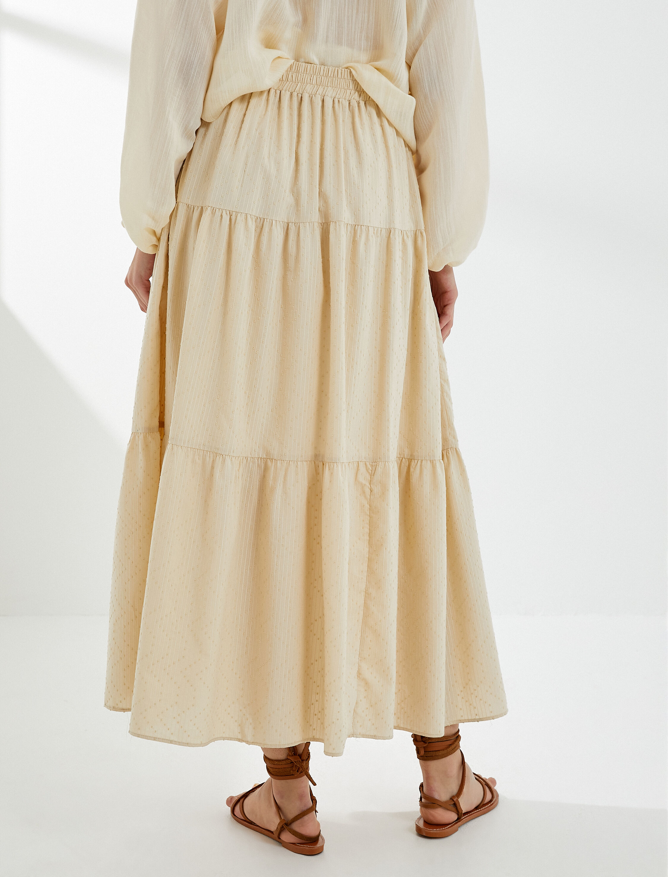   Midi Etek Volanlı Dokulu Beli Lastikli