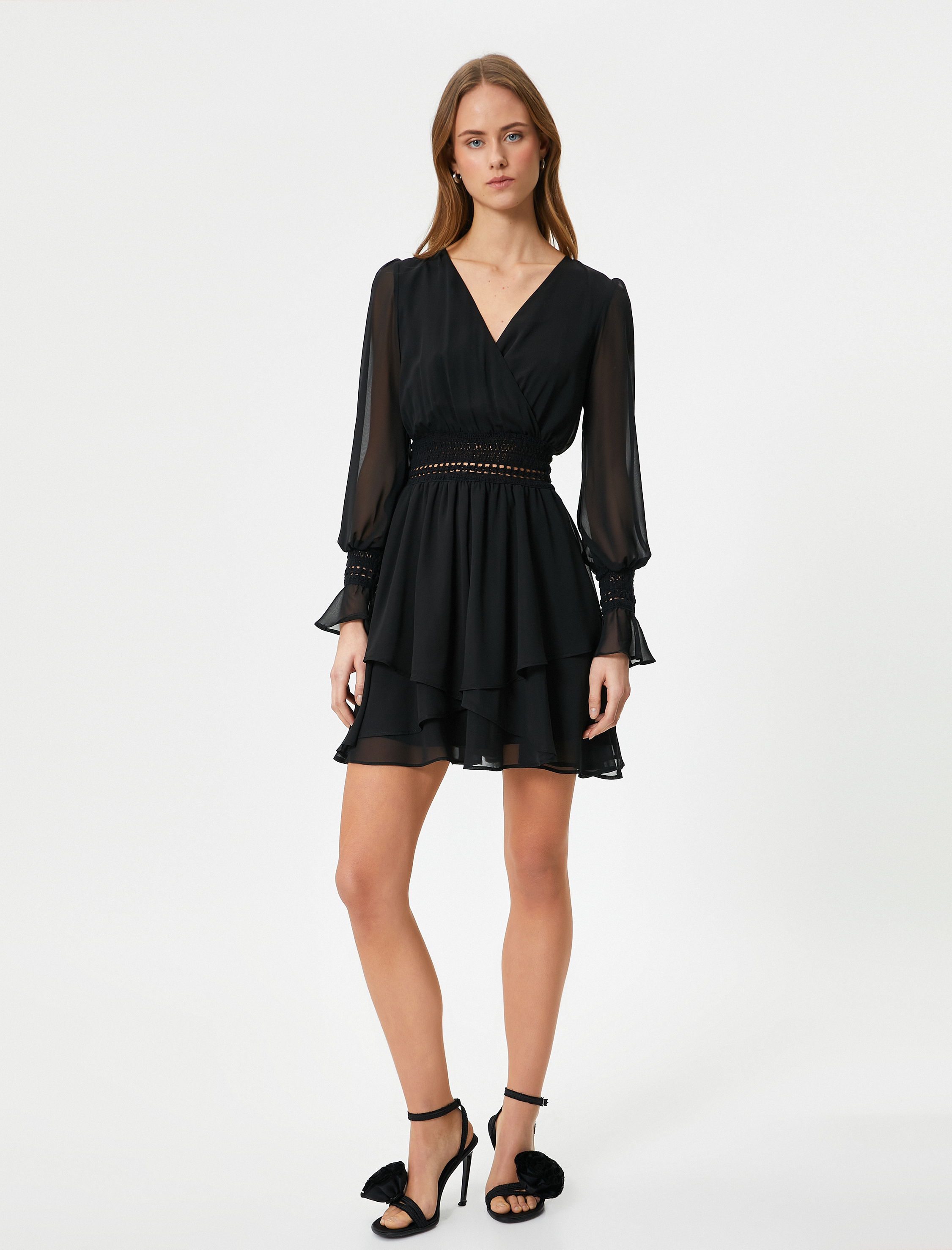   Tül Mini Elbise Kruvaze Yaka Kroşe Detaylı Uzun Kollu Astarlı