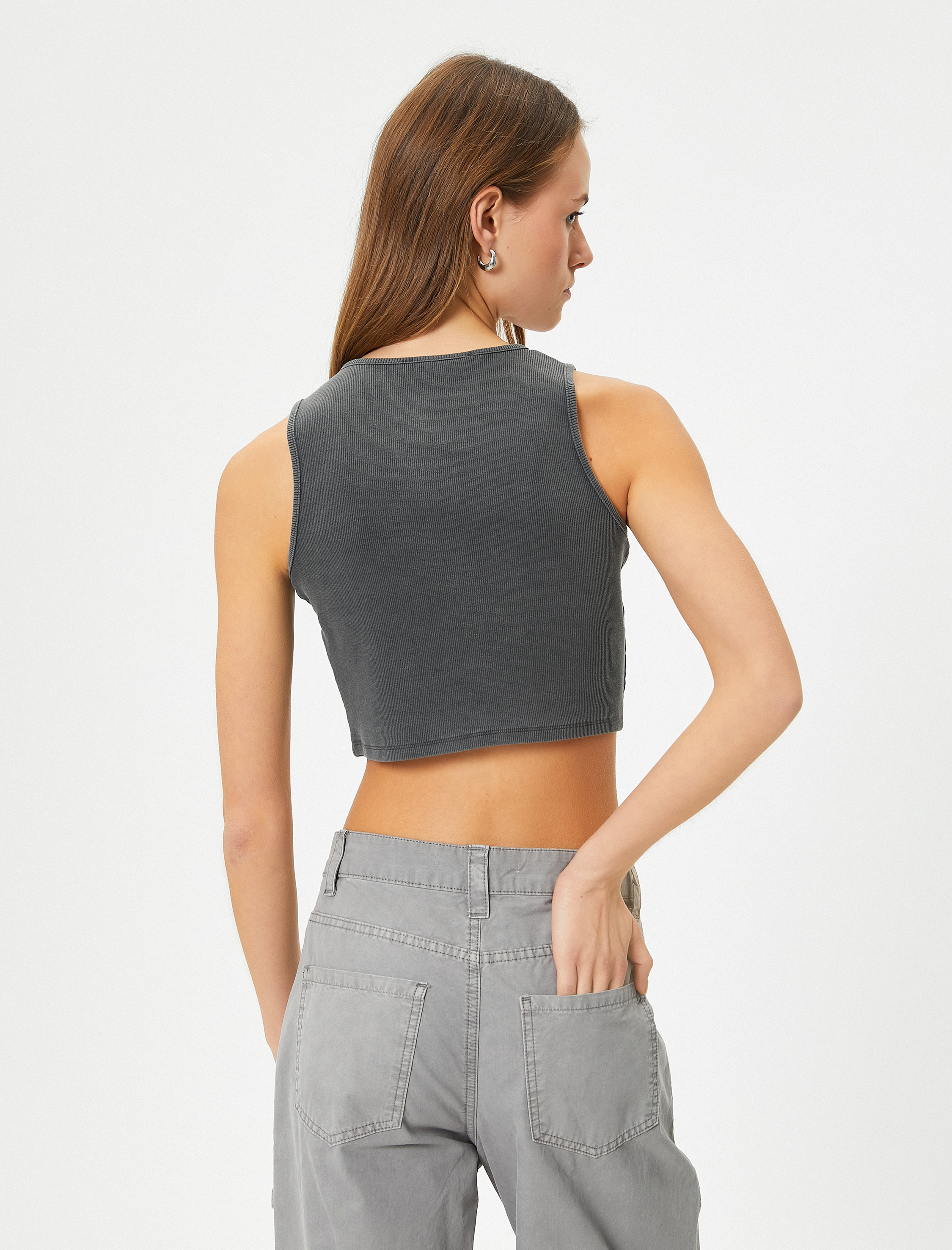   Crop Atlet Bisiklet Yaka Pamuklu Ribanalı Soluk Efektli