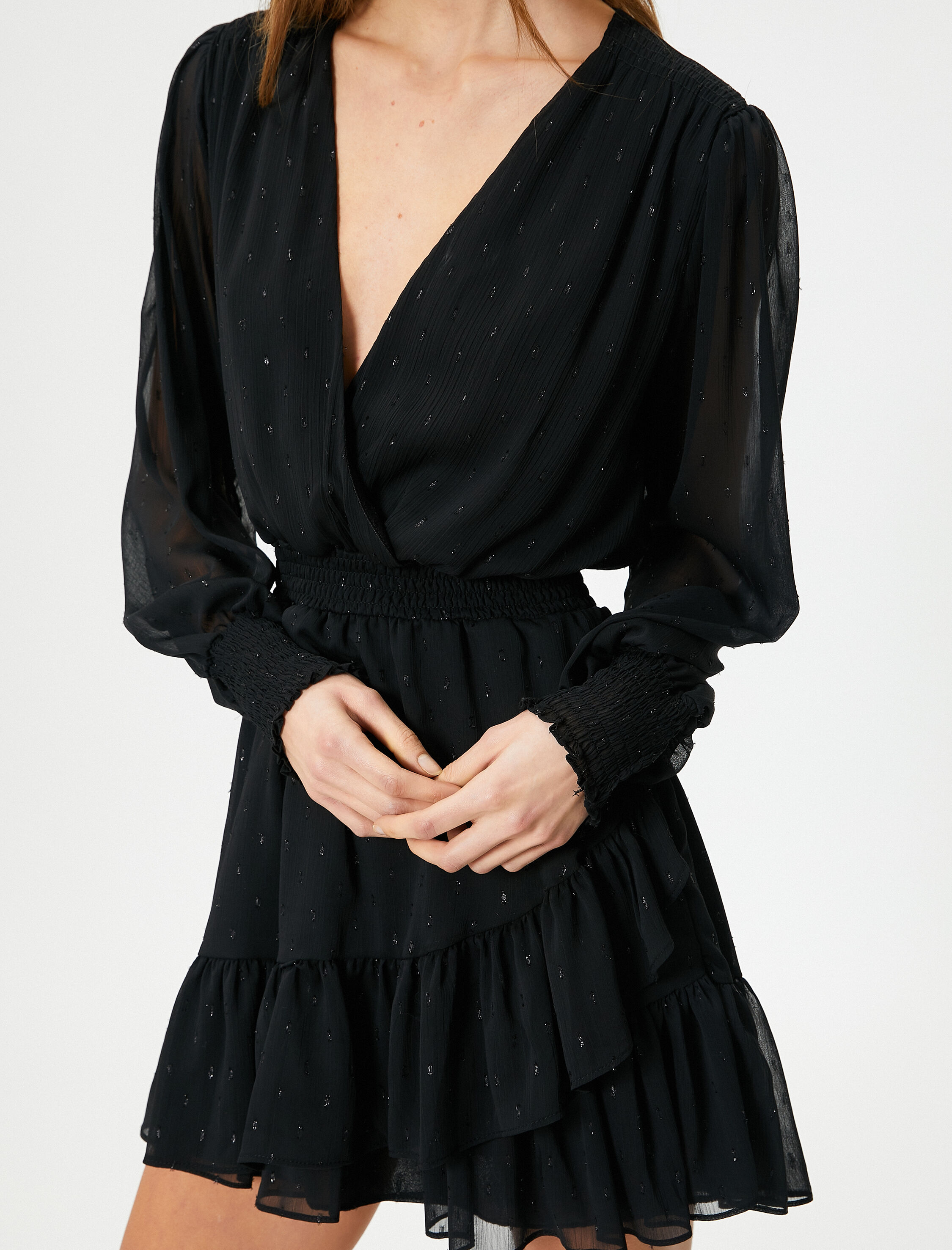   Parıltılı Tül Mini Elbise Kruvaze Yaka Gipe Detaylı Uzun Kollu Astarlı