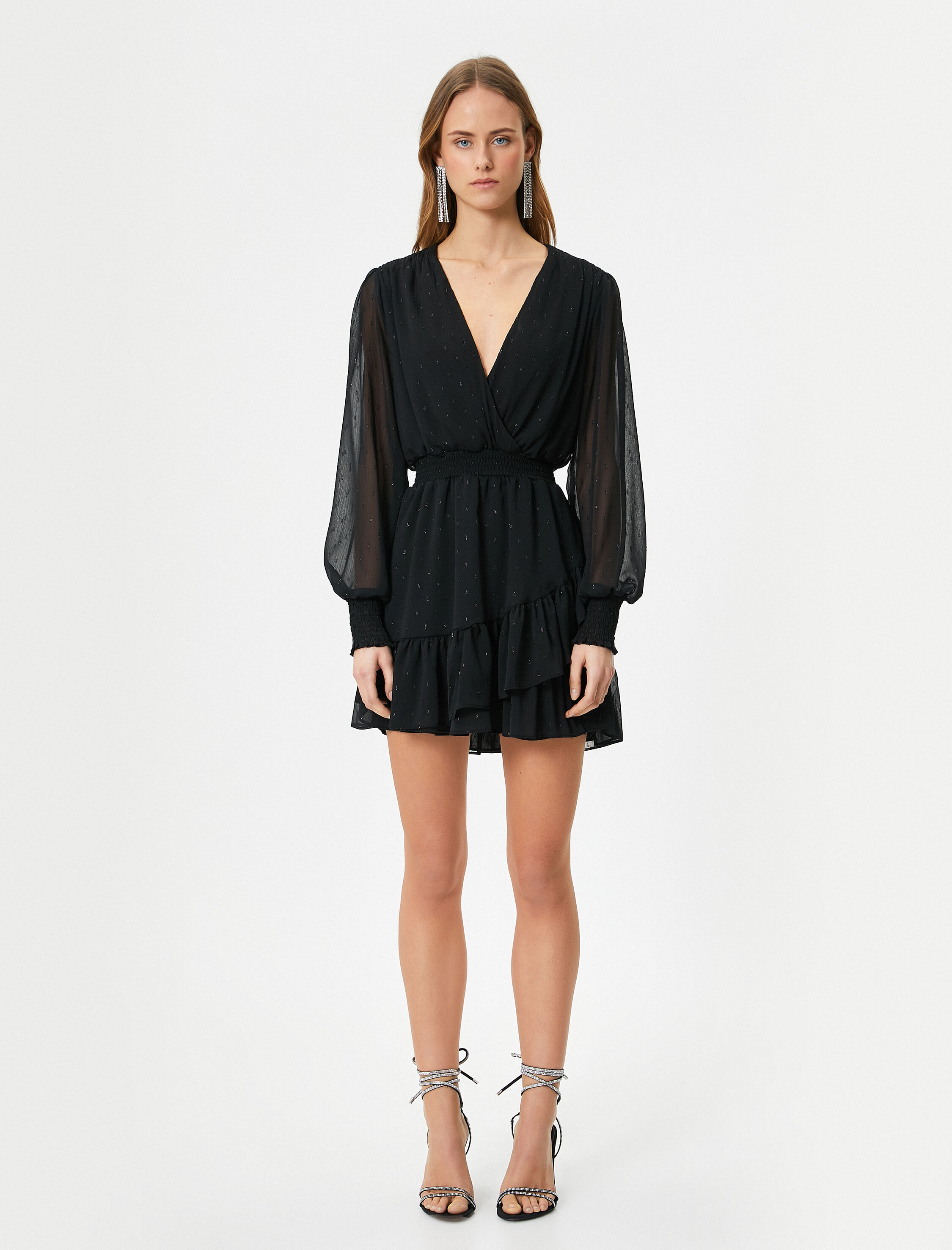   Parıltılı Tül Mini Elbise Kruvaze Yaka Gipe Detaylı Uzun Kollu Astarlı