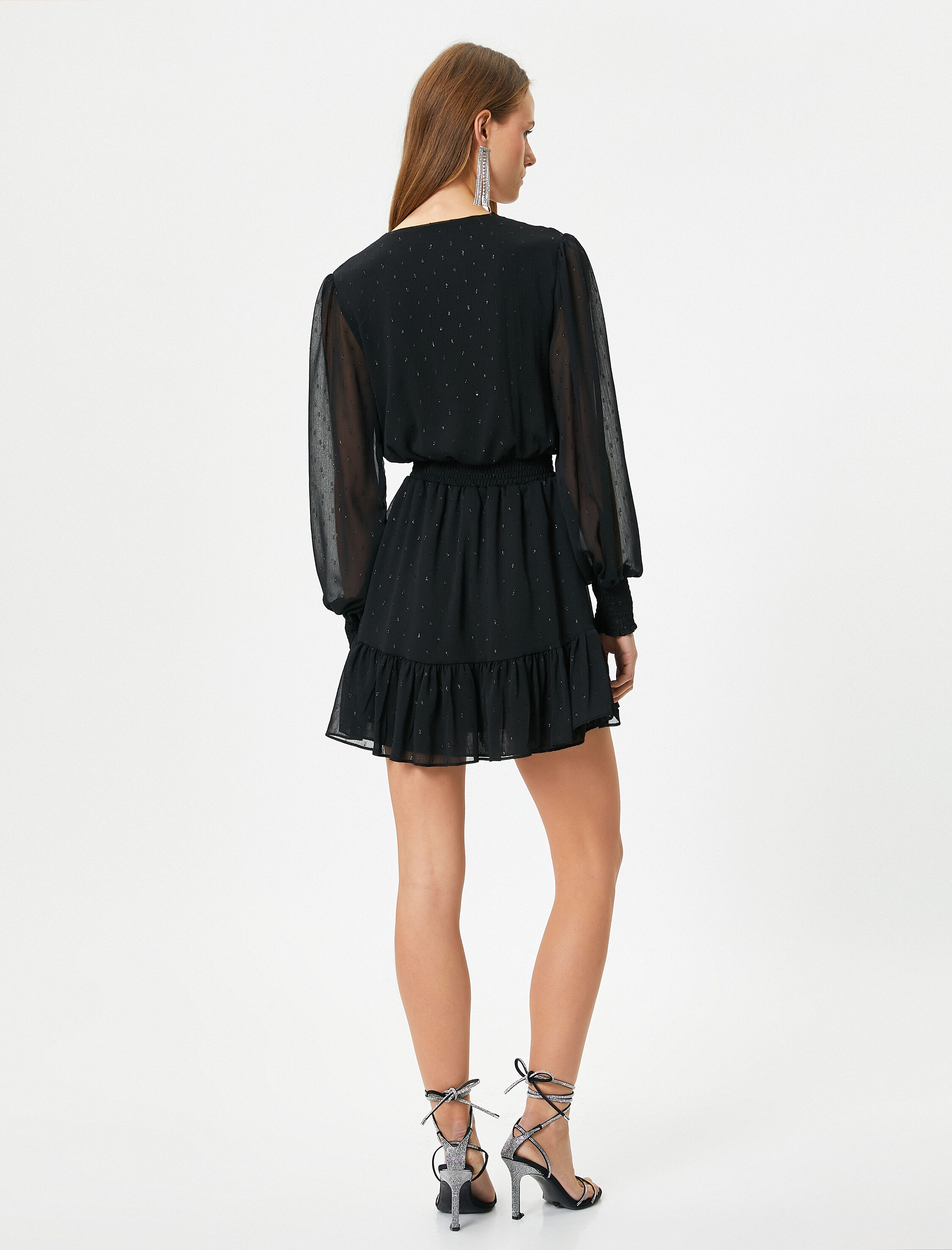   Parıltılı Tül Mini Elbise Kruvaze Yaka Gipe Detaylı Uzun Kollu Astarlı