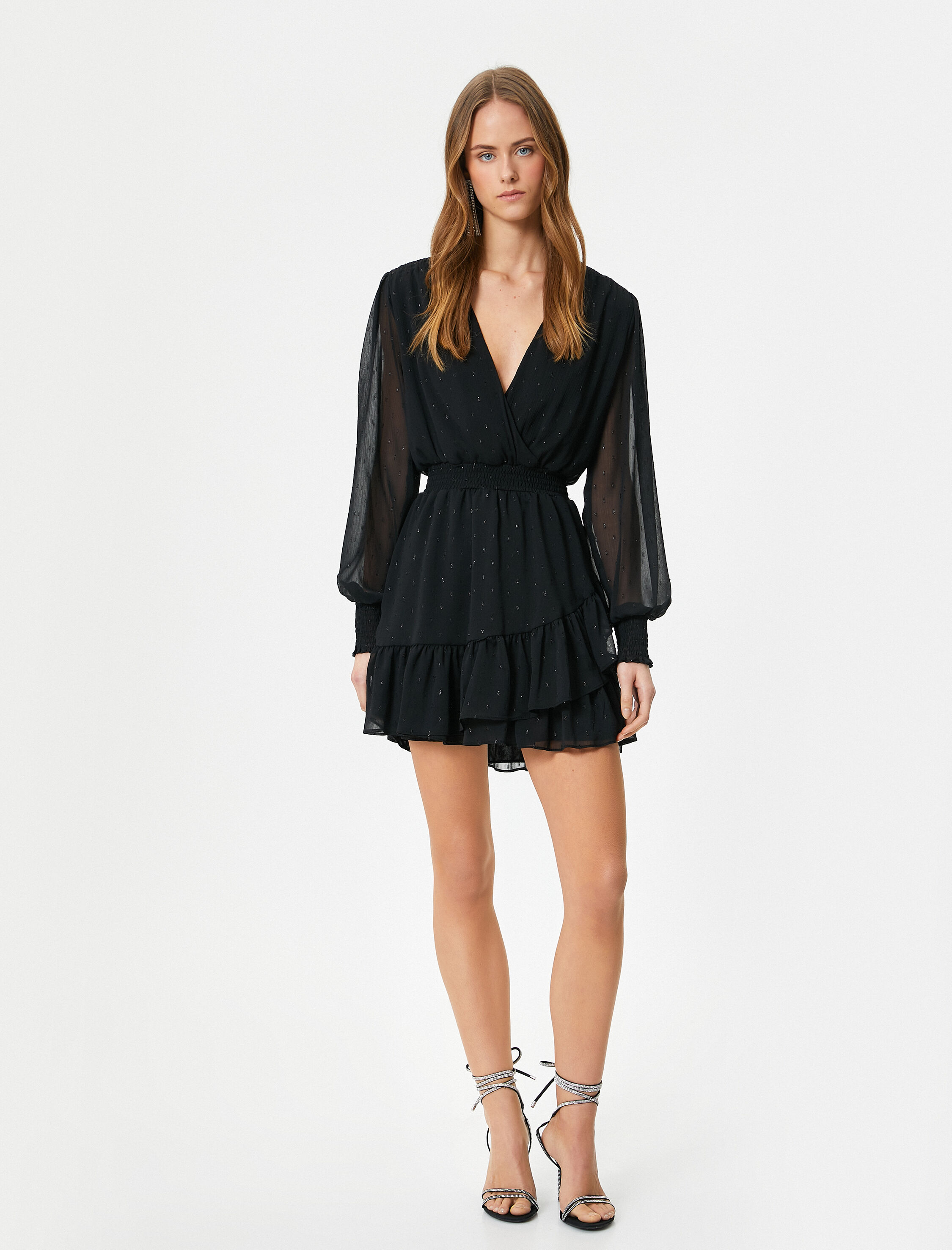   Parıltılı Tül Mini Elbise Kruvaze Yaka Gipe Detaylı Uzun Kollu Astarlı