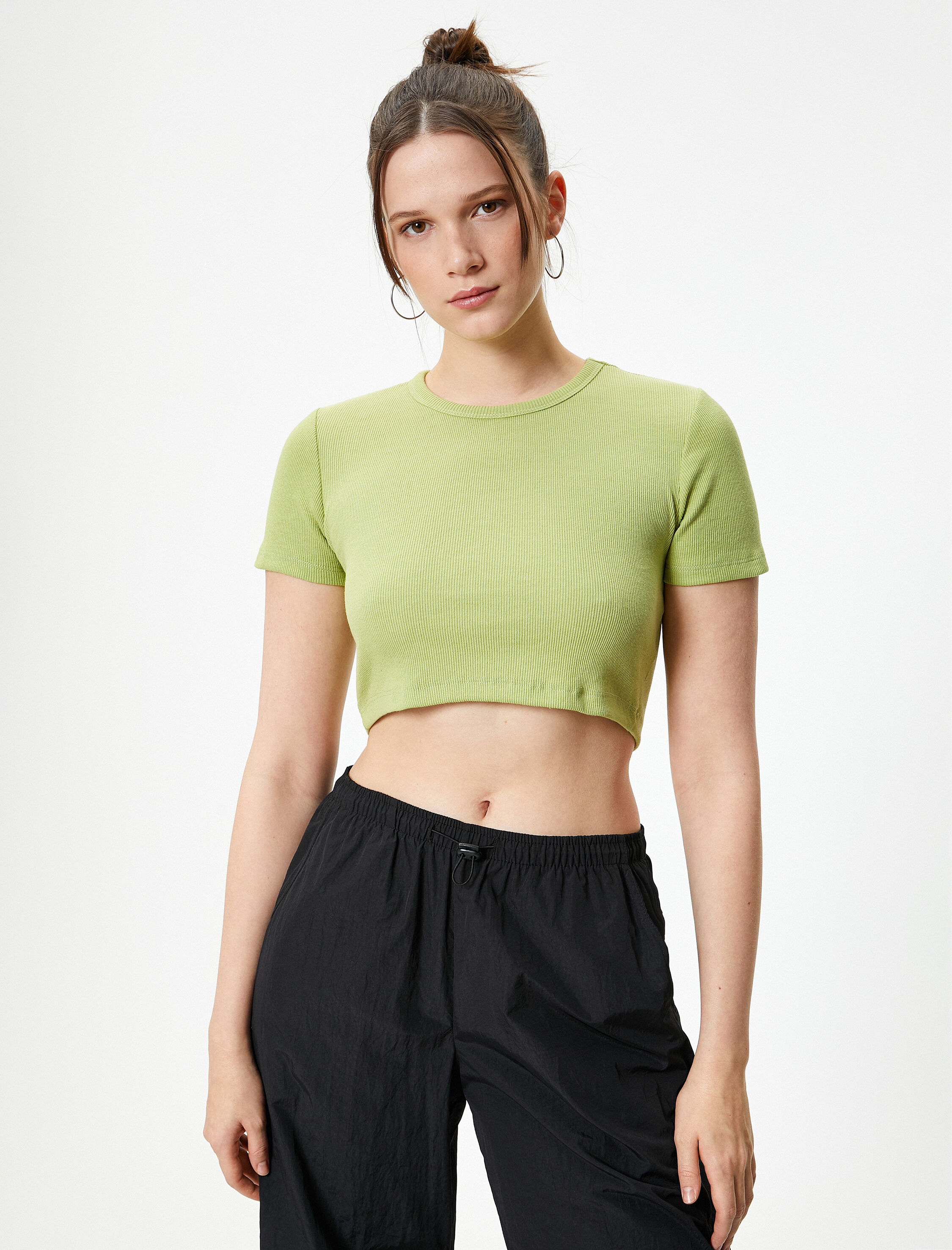   Basic Crop Tişört Ribanalı Kısa Kollu Bisiklet Yaka Slim Fit
