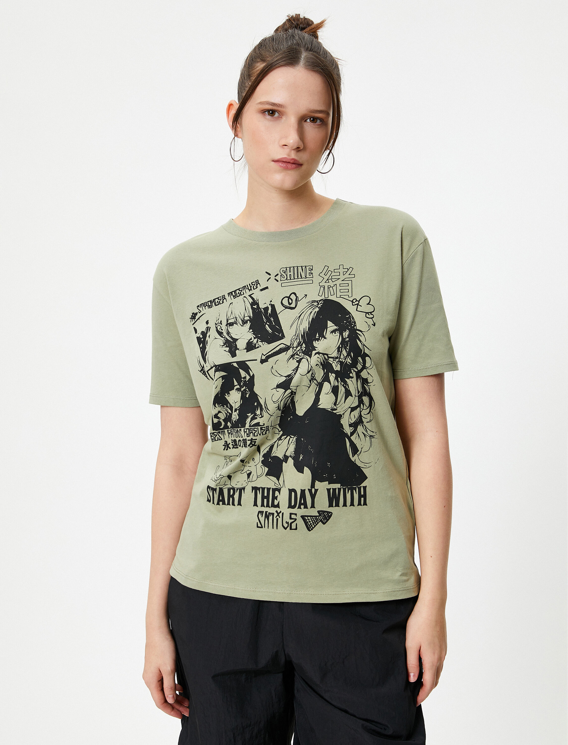   Anime Baskılı Tişört Kısa Kollu Bisiklet Yaka Pamuklu