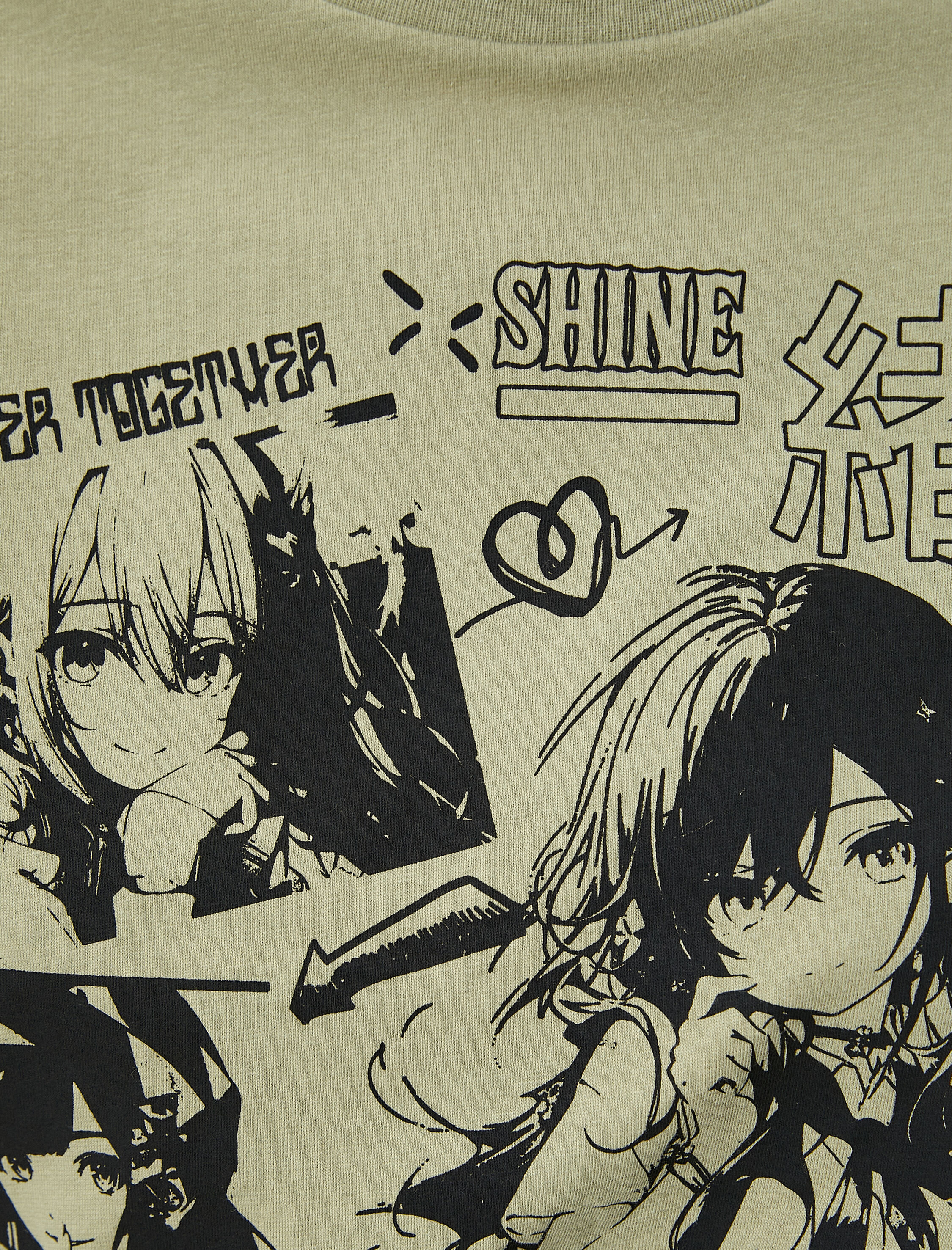 Yeşil Anime Baskılı Tişört Kısa Kollu Bisiklet Yaka Pamuklu